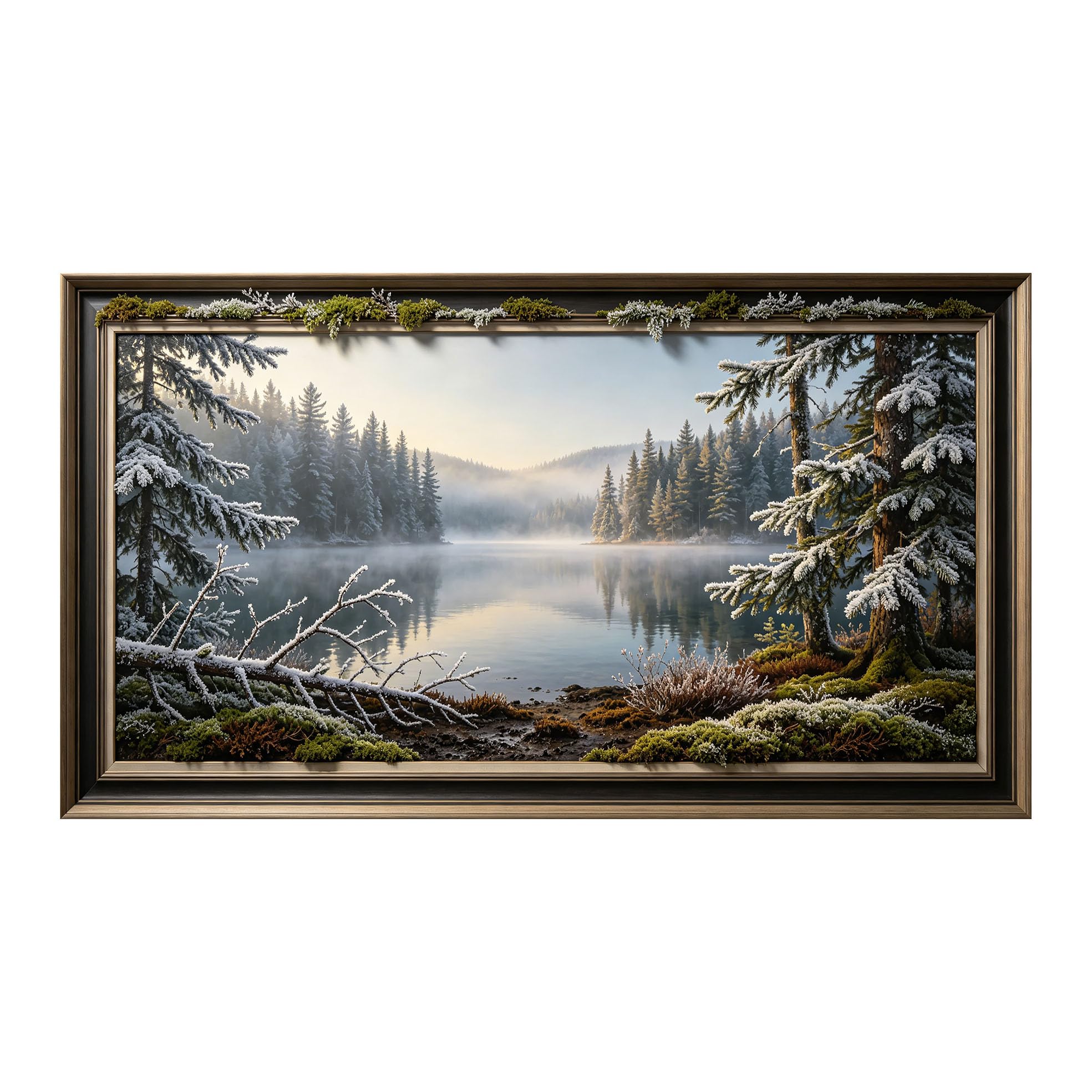 Yzpallescene 3D Framed Wall Art 50cm×100cm Snowy Forest Lake Landscape Misty Mountain Panoramic Oil Painting Large Size SelfAdhesive Removable Wall Decor Prints Artwork for Living Room Bedroom Office