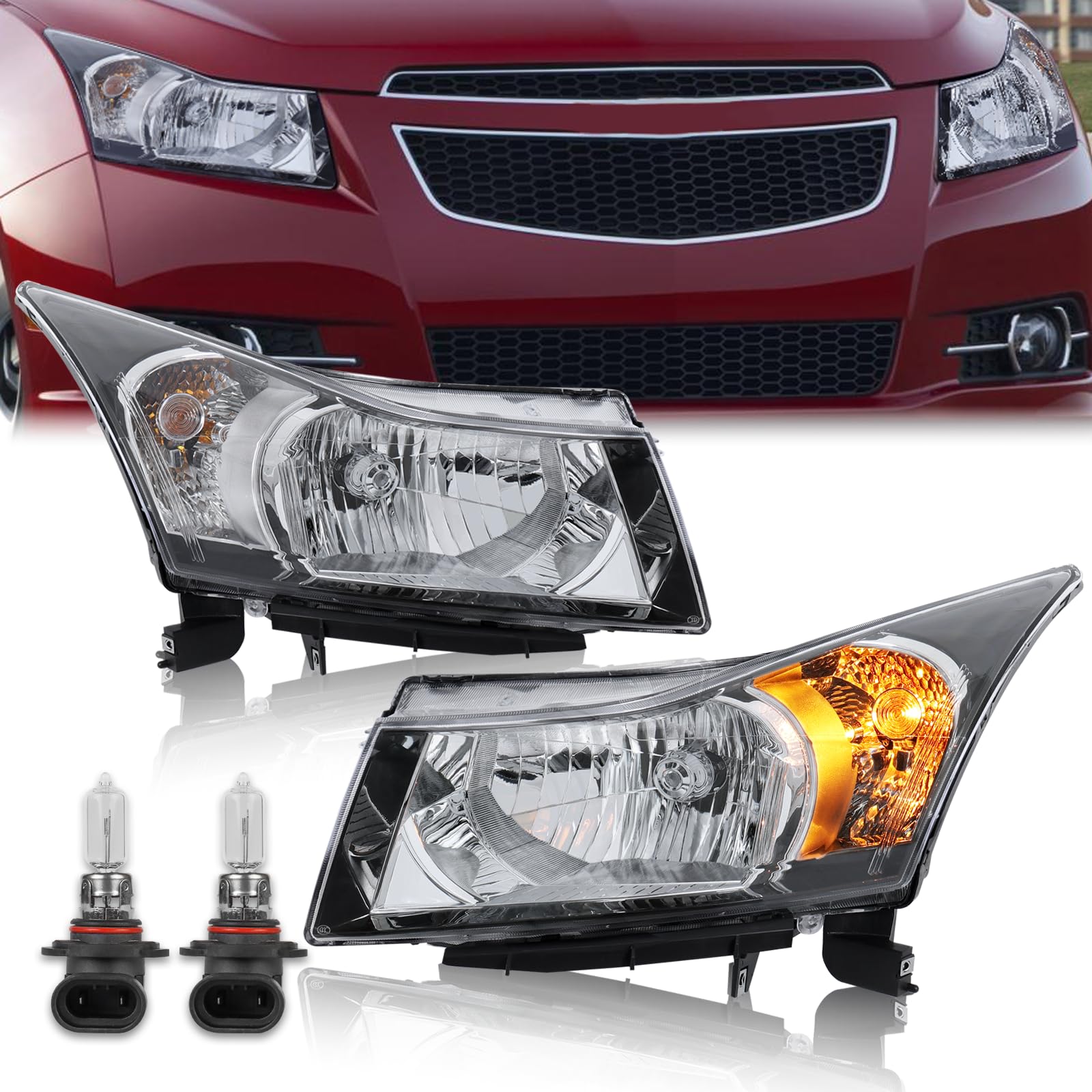 KUIPERAUTO Pair Headlights Assembly Front Lamp Replacement Headlight Compatible with 2011-2015 Chevy Cruze Black Housing/Clear Lens/Amber Reflector w/bulbs
