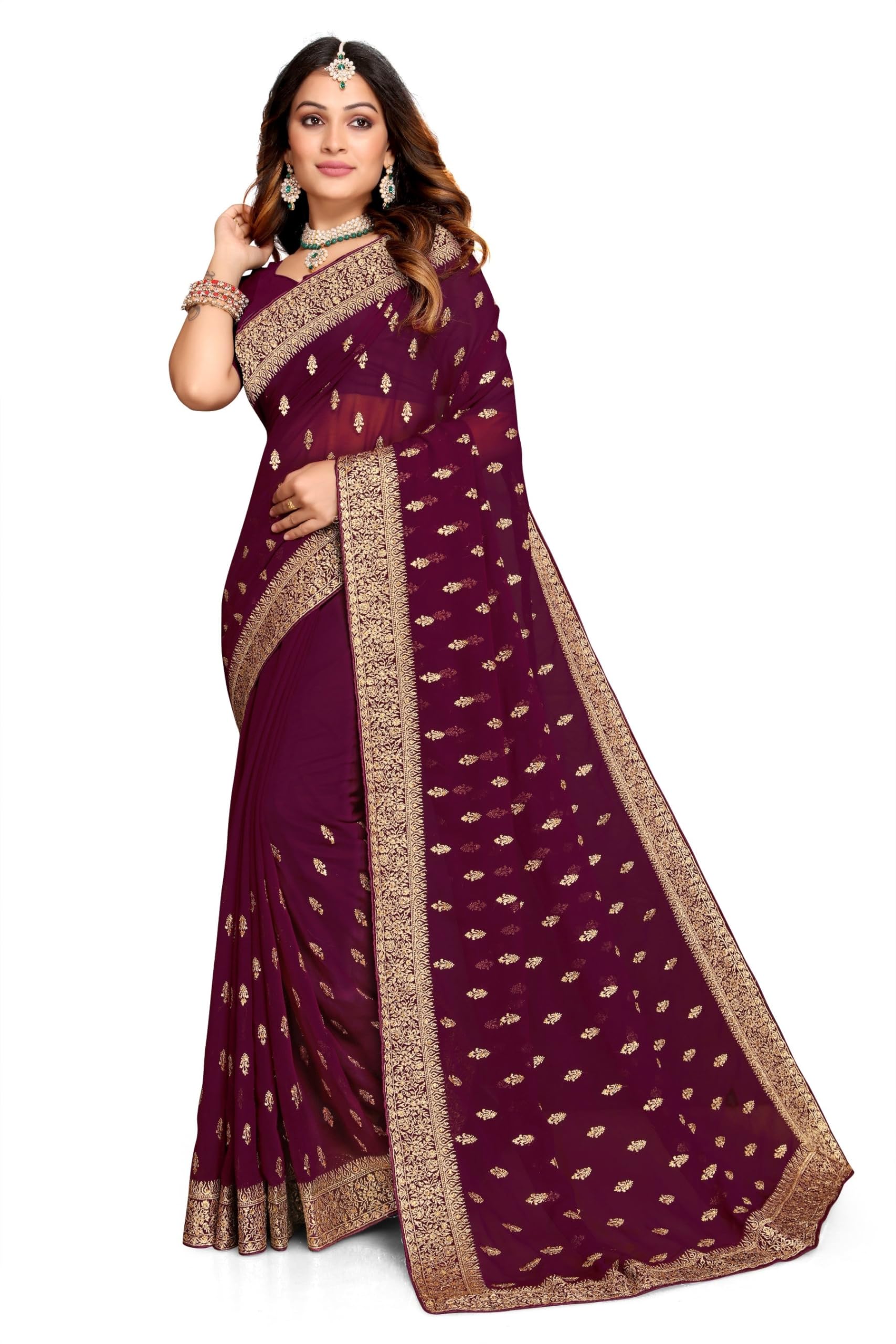 CRAFTSTRIBE Georgette Embroidery Stone Work Sari | Diwali Collection Saree with Unstitched Blouse