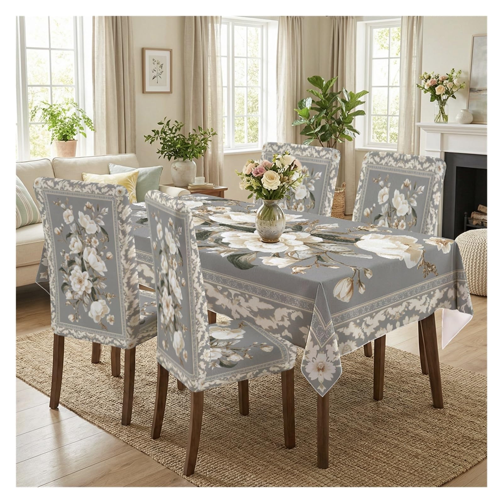 BOSUYBN Grey Magnolia Floral Dining Chair Covers & Tablecloth Set, 5/7 Piece Elegant Slipcovers For Soft Home Decor Table Setting(5pcs Set: Tablecloth+Chair Covers)