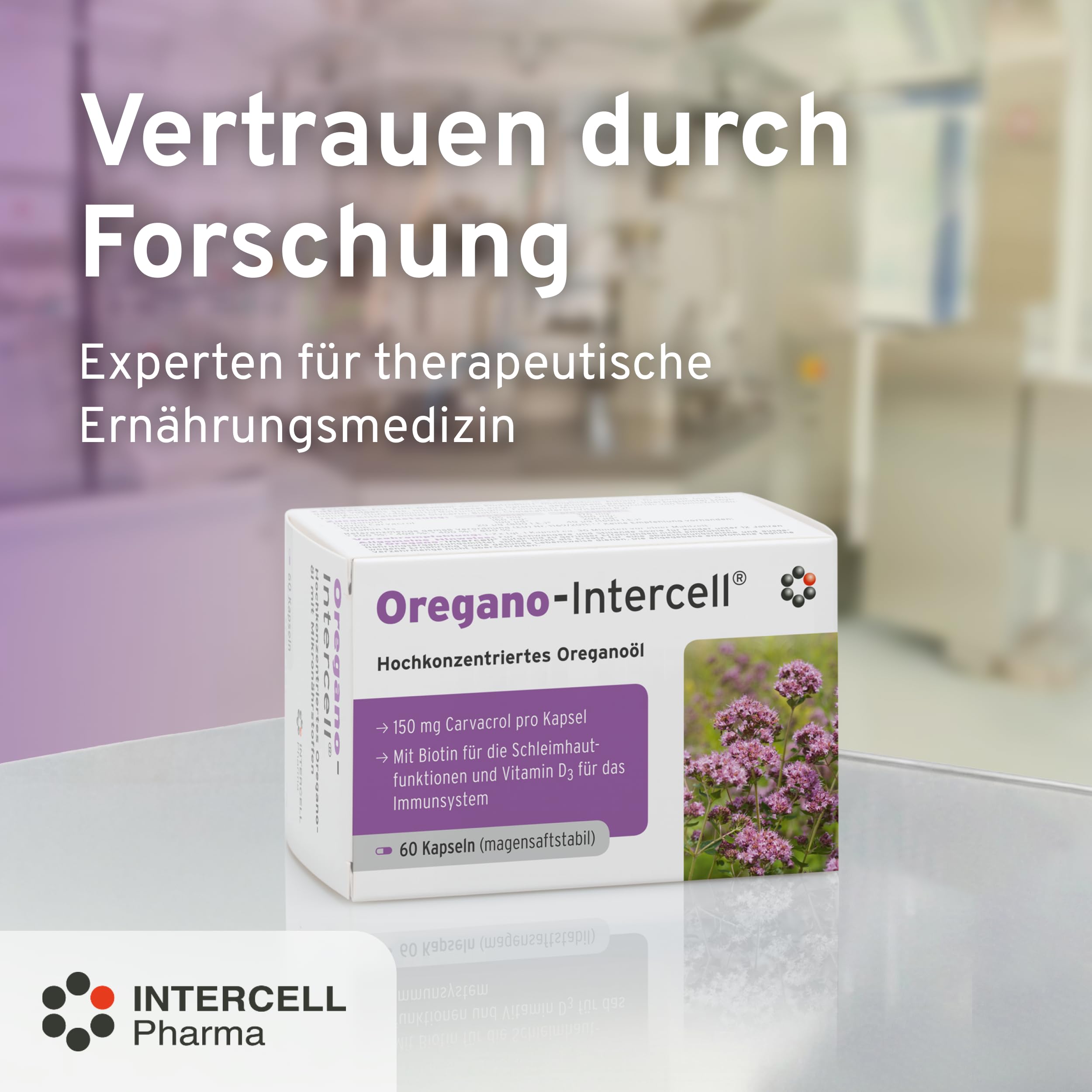 Oregano Öl hochkonzentriert und magensaftstabil (60 Kapseln) - 150mg Carvacrol +Vitamin D3 + Biotin - ohne Lösungsmittel für optimale Verträglichkeit - gultenfrei & lactosefrei - Intercell Pharma