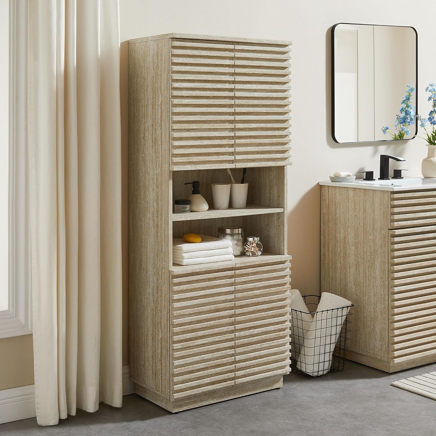 Modway Render Faux Travertine Tall Bathroom Storage Tower in Travertine - 63 Inch Storage Cabinet with Open Shelves and 4 Soft-Close Doors - Freestanding Kitchen Pantry