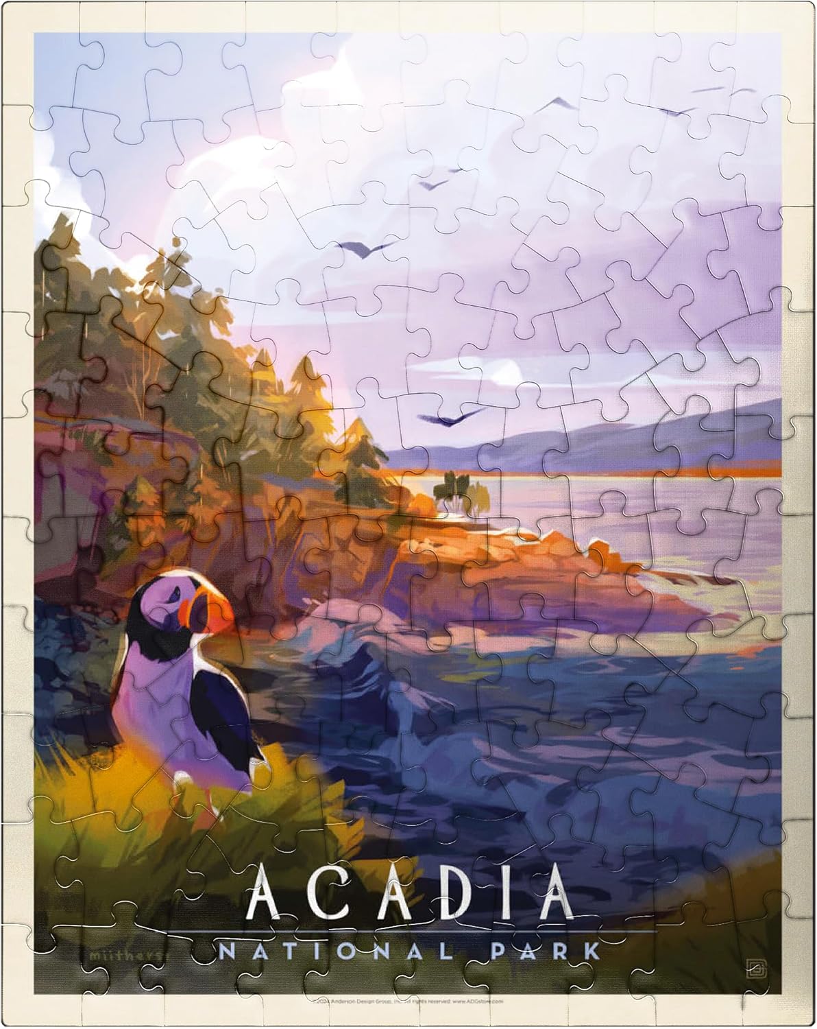 MyPuzzle Acadia National Park: Puffin Paradise, Vintage Poster - Premium 300 Piece Jigsaw Puzzle for Adults