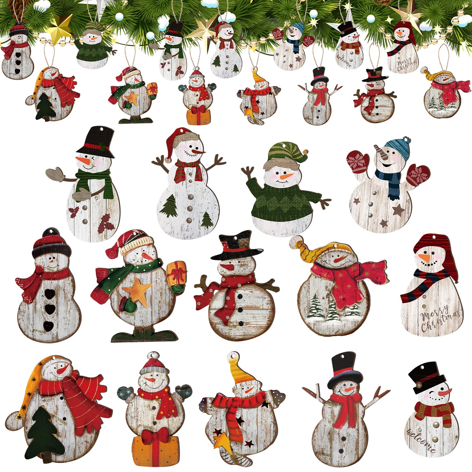 Geetery 70 ornamenti natalizi a forma di pupazzi di neve invernali vintage ornamenti natalizi con corda pupazzo di neve decorazioni in legno stile fattoria albero di Natale appeso artigianato per