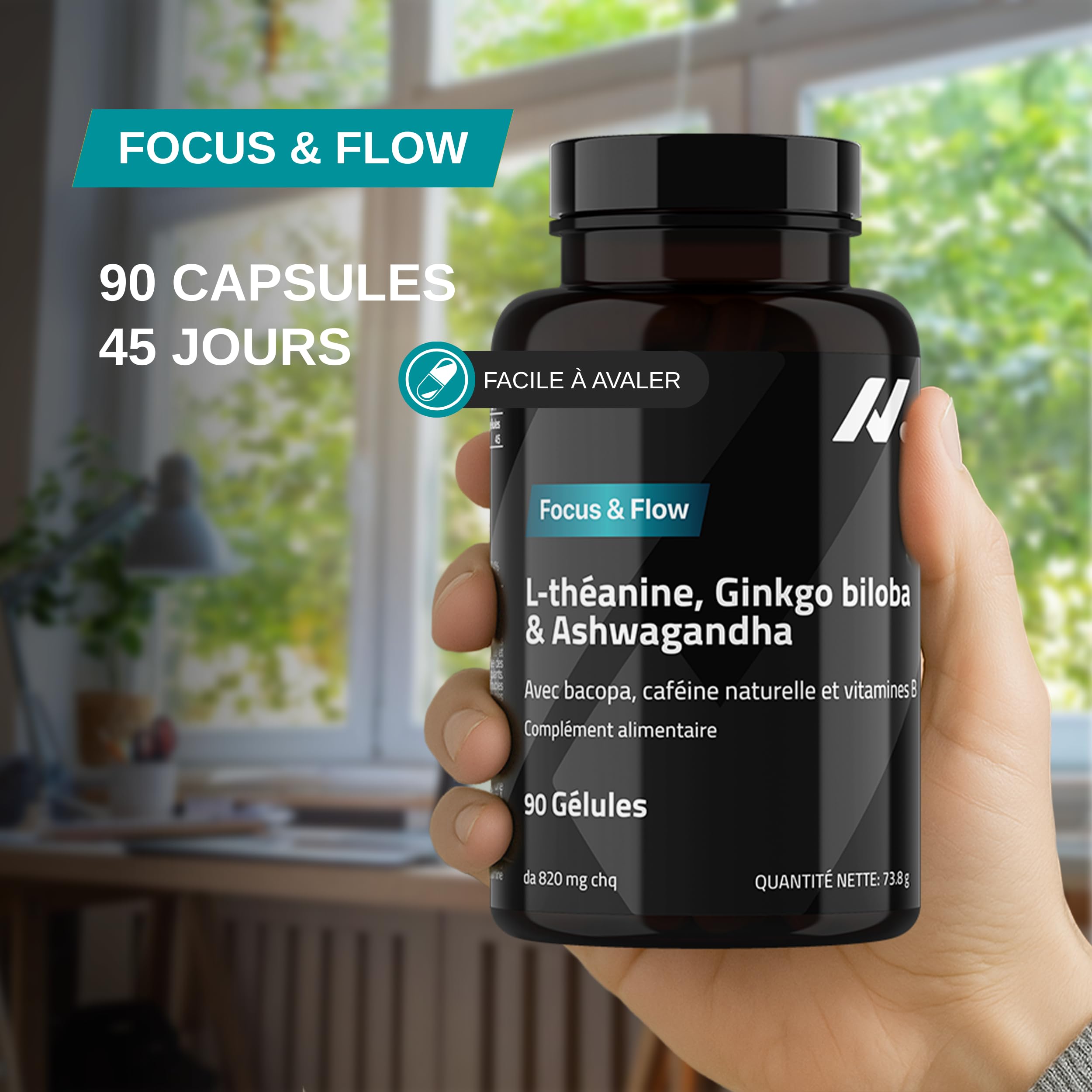L-Théanine, Ginkgo Biloba, Ashwagandha – Nootropique avec Bacopa Monnieri, caféine naturelle, vitamines B6 & B12 fortement dosées | Focus, concentration & énergie sans nervosité | 90 gélules véganes