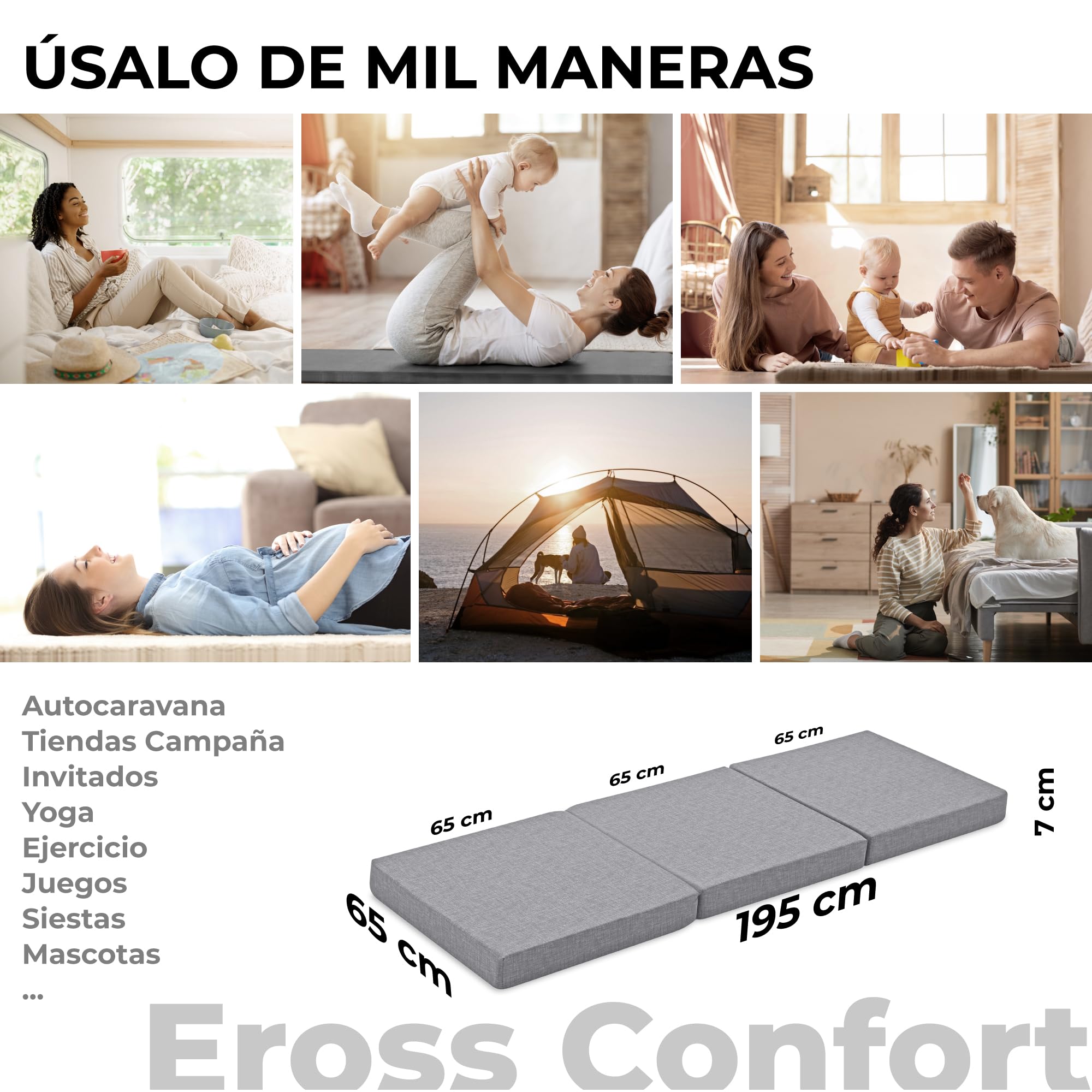 Colchón Plegable Furgonetas Camper, Espuma HD de Memoria. Colchón Plegable Invitados Muy Versátil Transpirable Funda Lavable Altura 10 cm