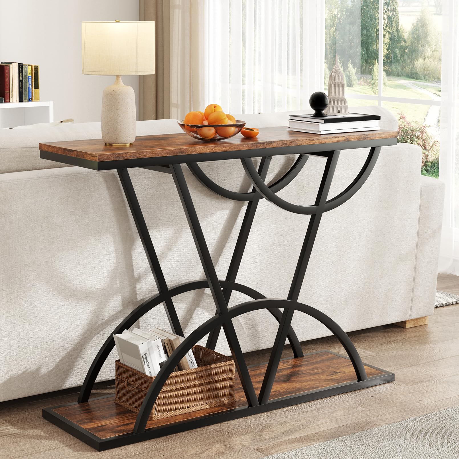 43" Console Table for Entryway, Industrial Entryway Table with Storage Shelf, Narrow Wood Sofa Table with Unique Metal Frame for Living Room, Hallway, Foyer (Rustic Brown)