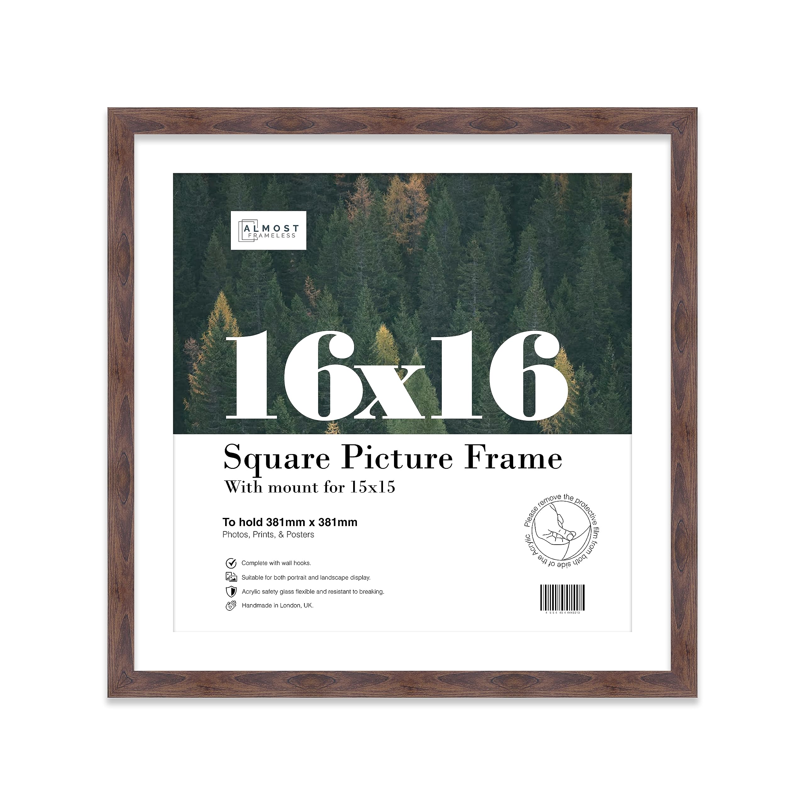 Almost Frameless 16x16 Picture Frame, Display Pictures 15x15 With Mat or 16x16 Without Mat, Wall Hanging Photo Frame, Walnut, 1 Pack