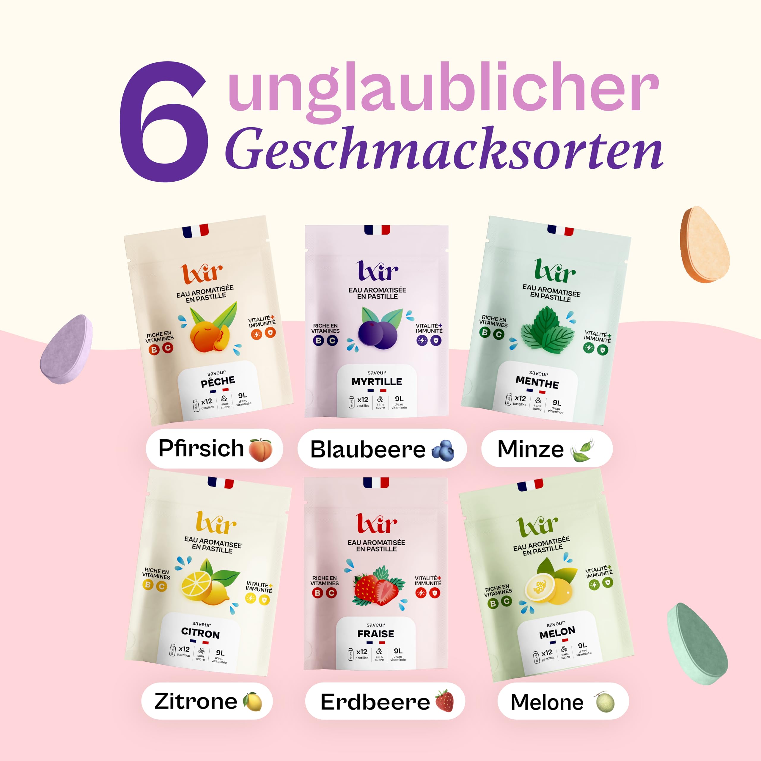 LXIR DRINK Multivitamin-Brausetabletten – Zuckerfrei, 5 Geschmacksrichtungen, mit Vitamin C & B-Komplex – Für tägliche Hydration, Energie & Haut-Schönheit – 60 Tabletten + Trinkflasche