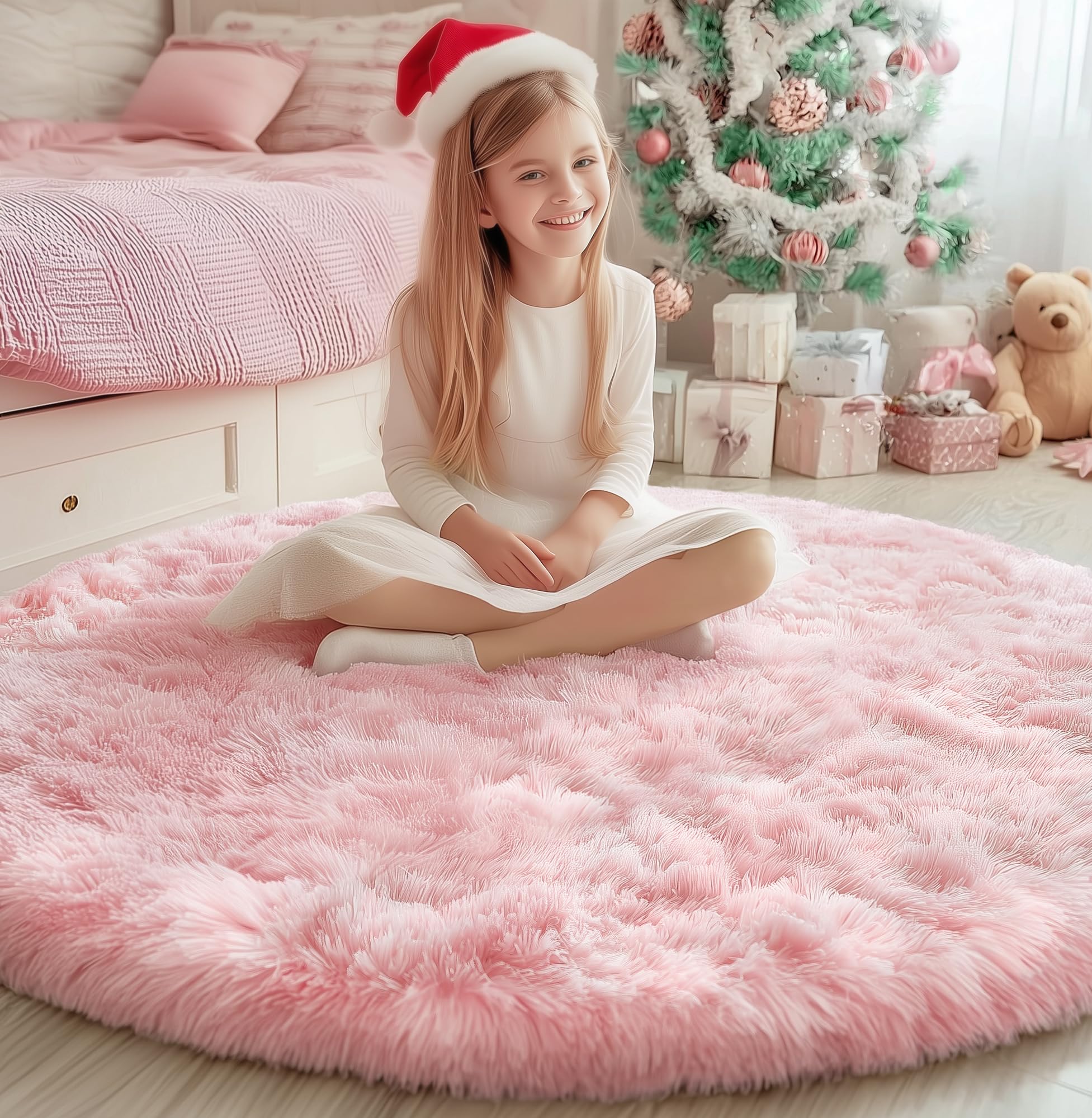 PAGISOFE Pink Round Rugs 5FT Circle Rug for Girls Bedroom, Fluffy Carpet for Girls Room, Shaggy Rug, Indoor Small Teepee Furry Mat, Comfortable Reading Play Mat, Kids Round Rug for Baby Room