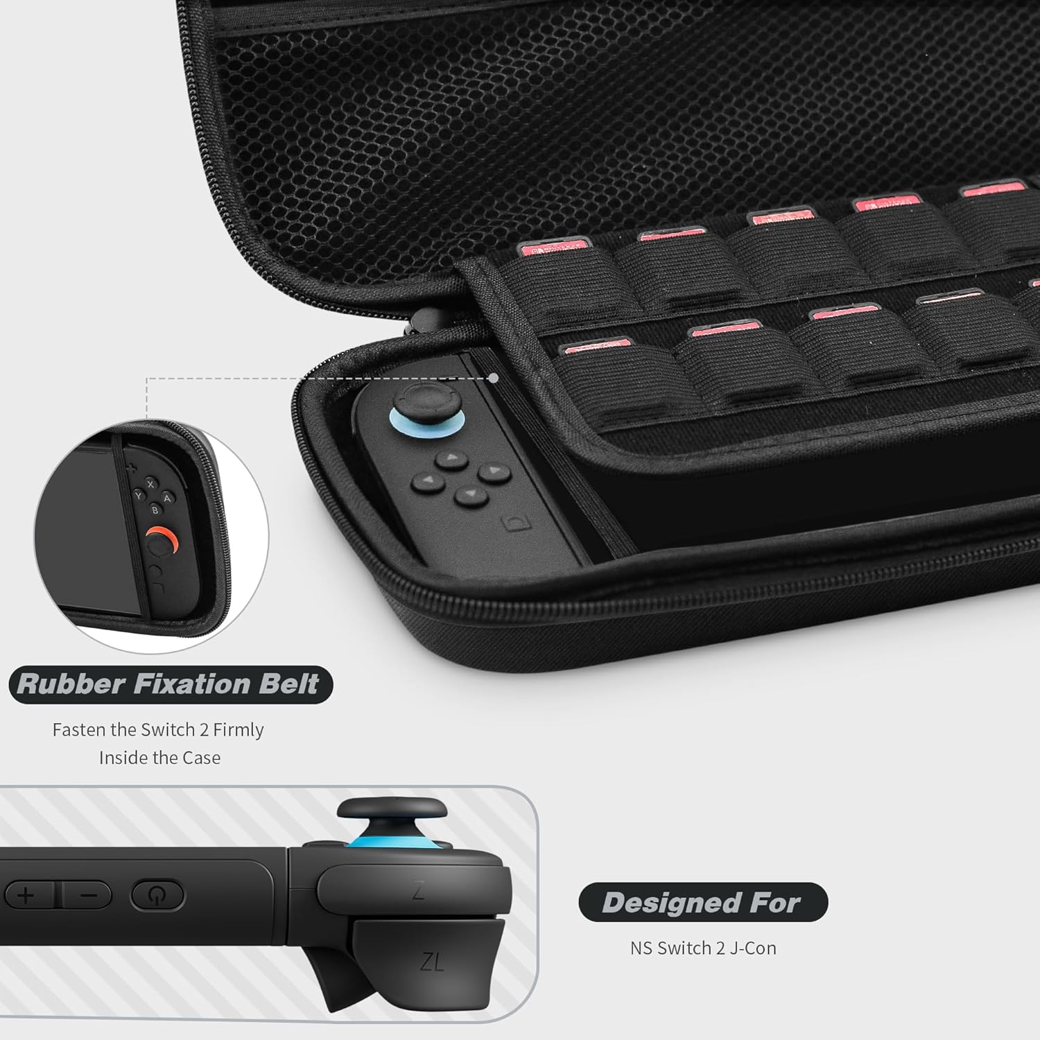 RHOTALL Carrying Case for Nintendo Switch 2 Model 2025, Protective Hard Shell Portable Travel Carry Case Pouch holds 10 Cartridges with Pockets for Switch 2, Waterproof & Slim Design, Black - Image 4