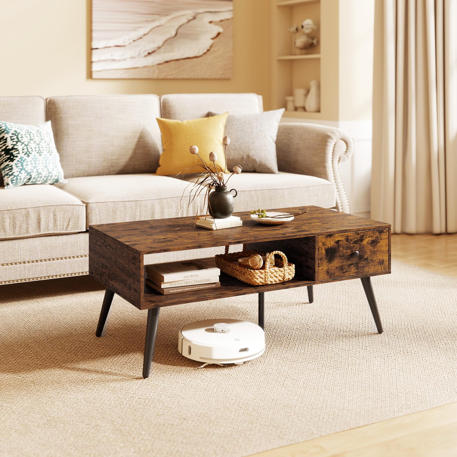 LIFEZEAL Mesa de Centro Rectangular, Mesa de café de Madera, Mueble de salón con Estante Abierto y cajón, Diseño Industrial, 109 x 55 x 39,5 cm (Marrón)
