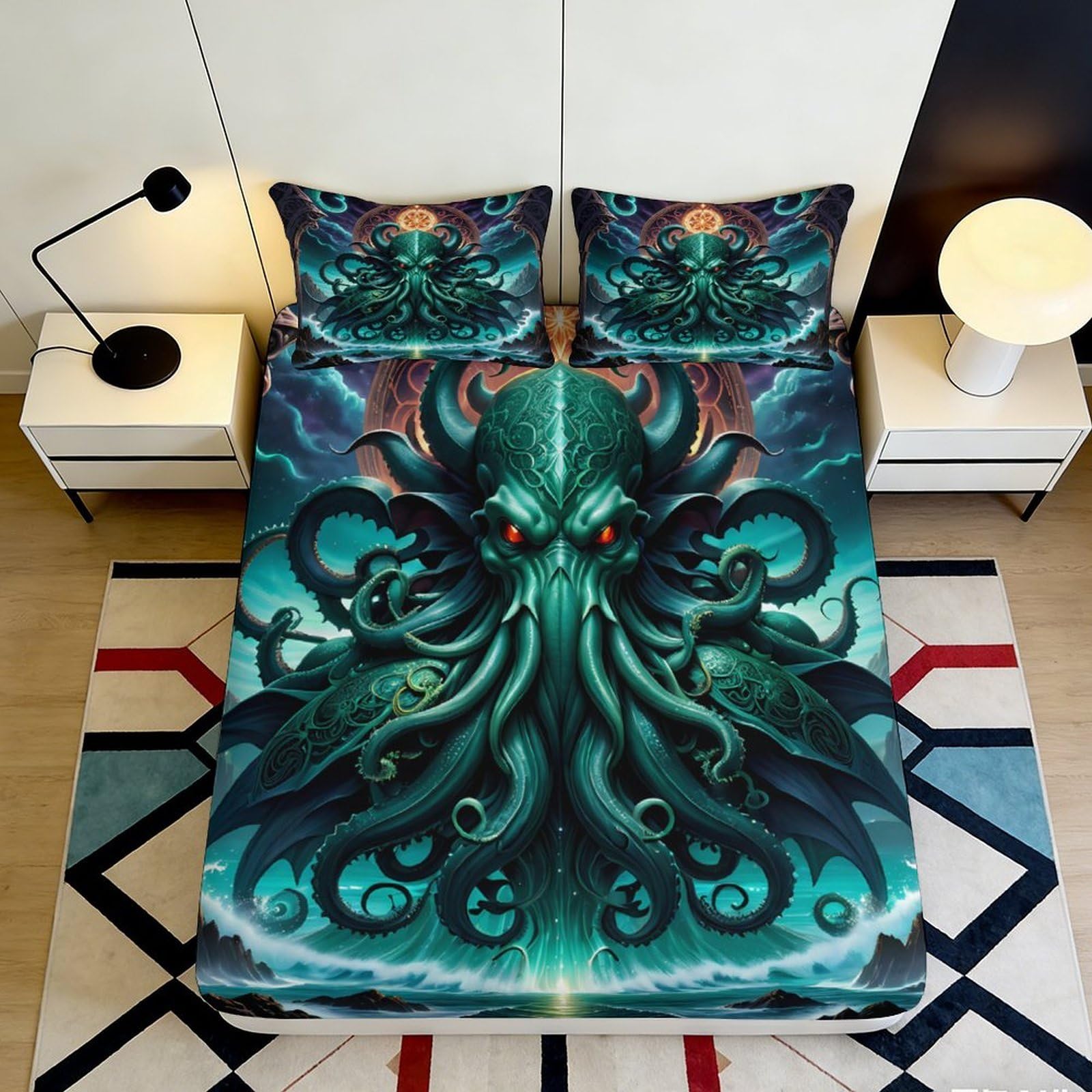 3D Printed Cthulhu Octopus Fitted Sheet Microfiber Deep Green Ocean Mattress Cover Bedroom Decor Machine Washable 90x200x25cm