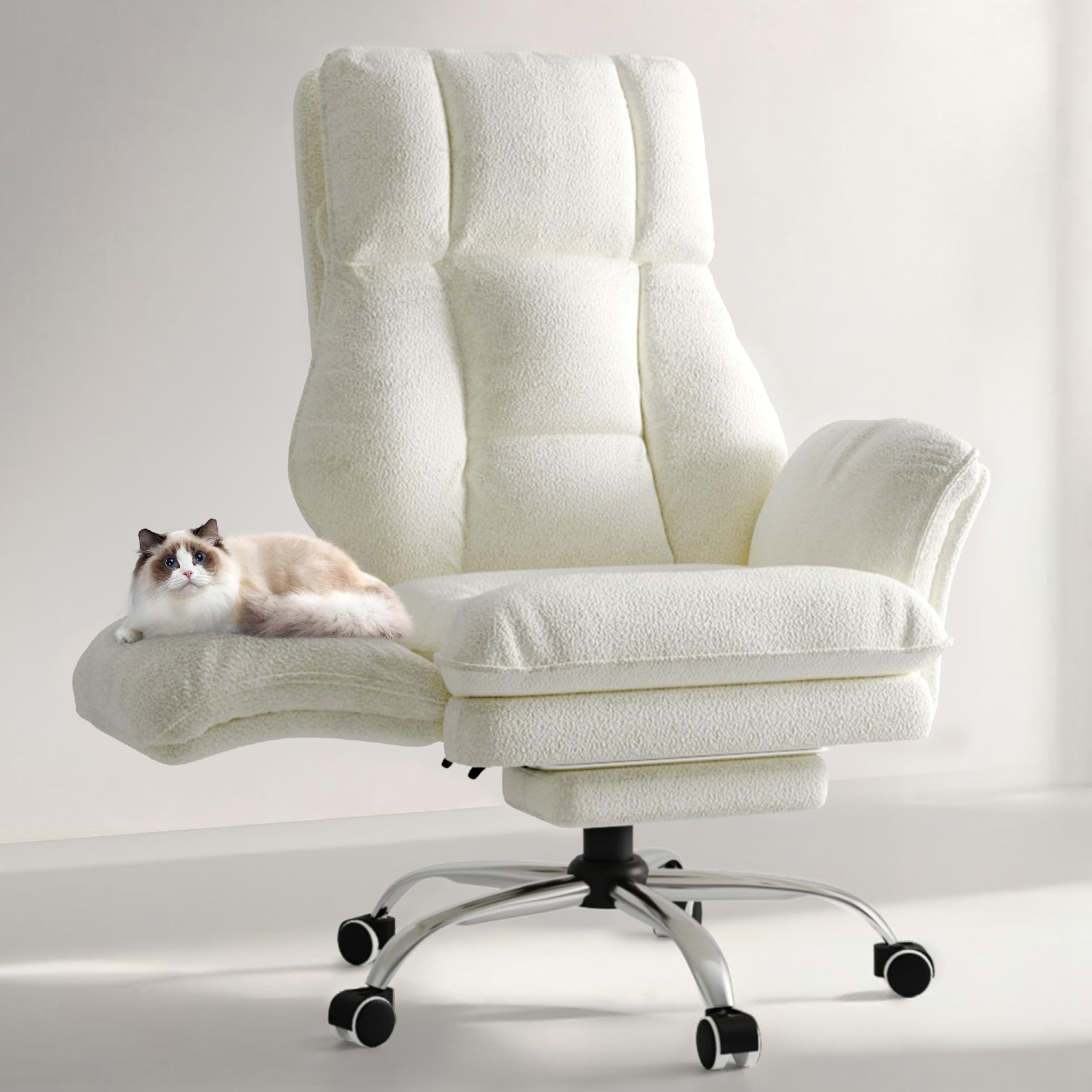 HOMRELEXA Bürostuhl Chefsessel Ergonomisch, Gaming Stuhl mit Fußstütze & 135° Verstellbarer Rückenlehne, Drehstuhl mit klappbaren Armlehnen, Hochlehner aus Teddy-Fleece Stoff – Beige