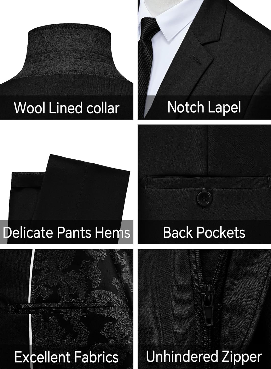 MAGE MALE Men's 3 Piece Suits Slim Fit One Button Solid Tuxedo Suit Set Blazer Jacket Vest and Pants