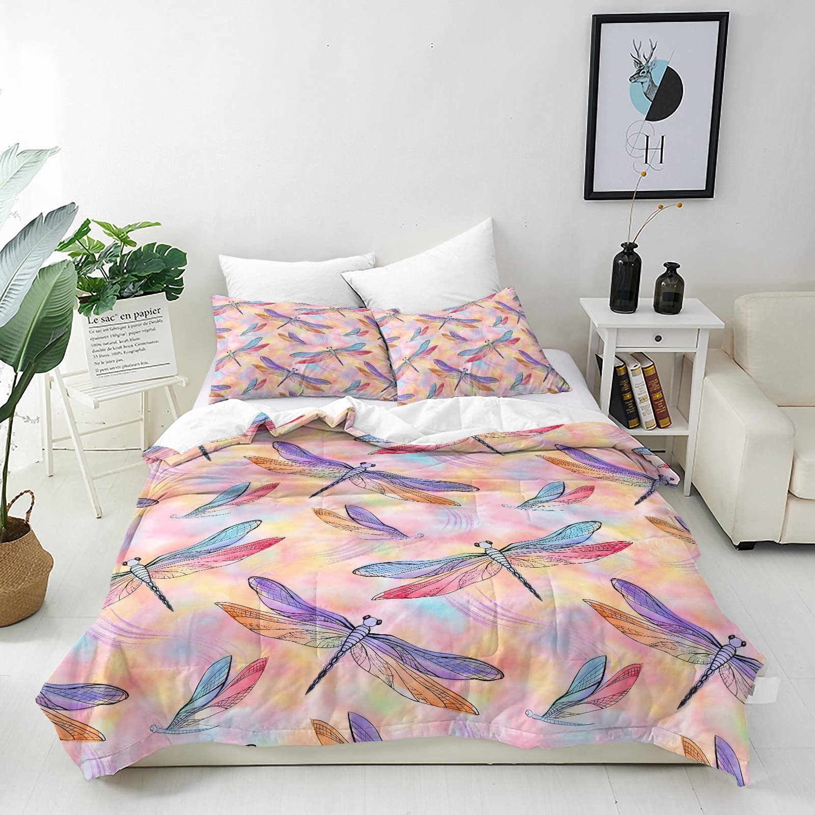 ANHOPE Watercolor Duvet Cover Set Soft Comforter Cover Dragonfly Butterfly Print Pattern 3 Piece Bedding Set including Pillowcase All Season Quilt Cover with Zipper for Kids Adults Double Size