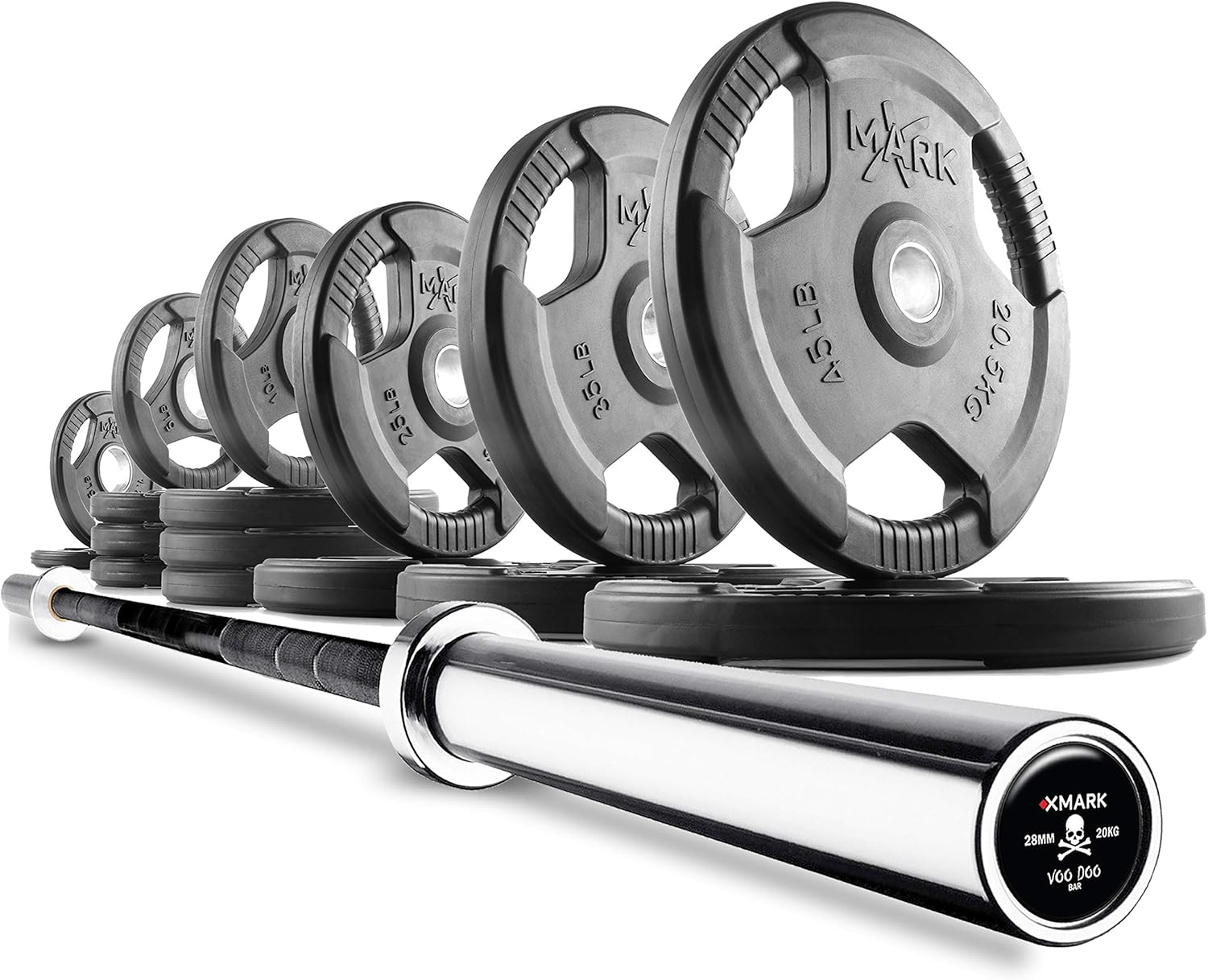 XMark Olympic Weight Set with Olympic Bar, Barbell Olympic Weight Set, TRI-GRIP Weight Plates Set with Our Voodoo 7' Olympic Bar
