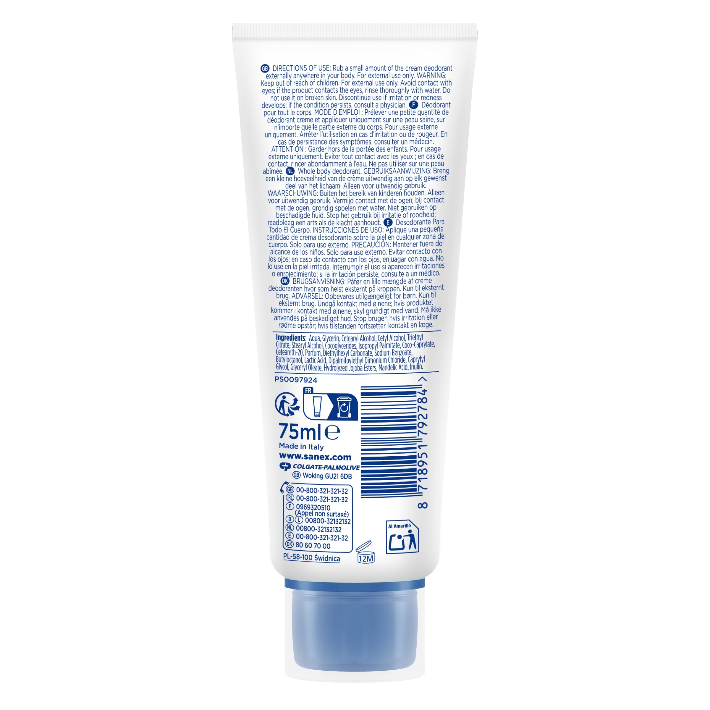 Sanex Men Crema Todo el Cuerpo Deo Frescor Total 75ml, Desodorante 72h Protección Olor Hipoalergénico