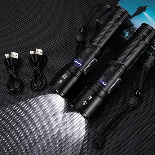 Miniatura 8 de Linterna LED recargable de alto lúmenes, paquete de 2, 99,000 lm, luces de flash brillantes con 7 modos, potente linterna de mano impermeable para