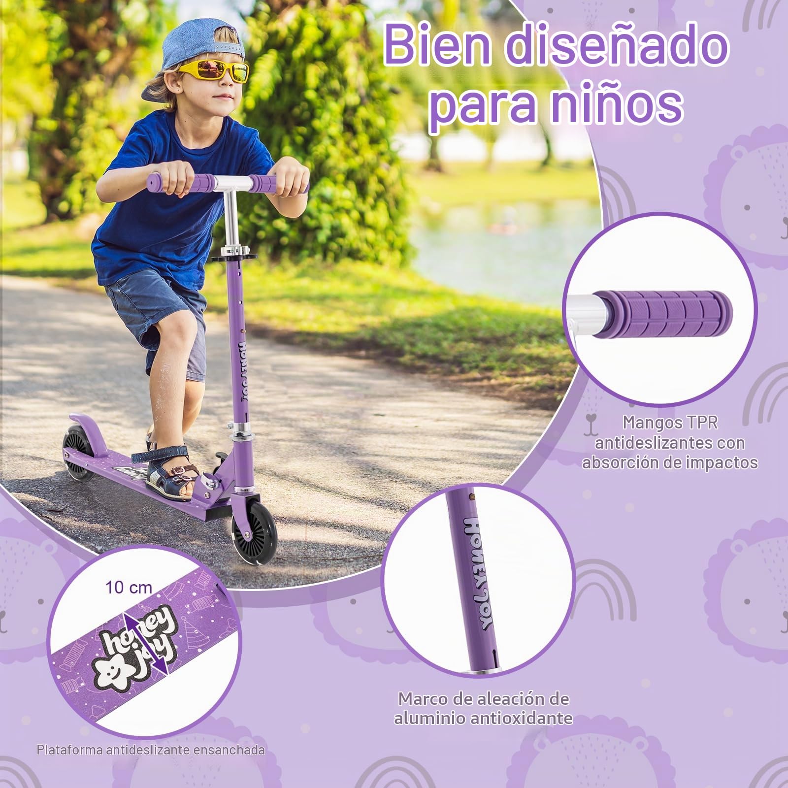 KOMFOTTEU Patinete para Niños, Patinete Infantil con 2 Ruedas LED y Freno, Monopatín Plegable con 3 Alturas Ajustables, Scooter de Aluminio con Carga 50 kg, para Niños