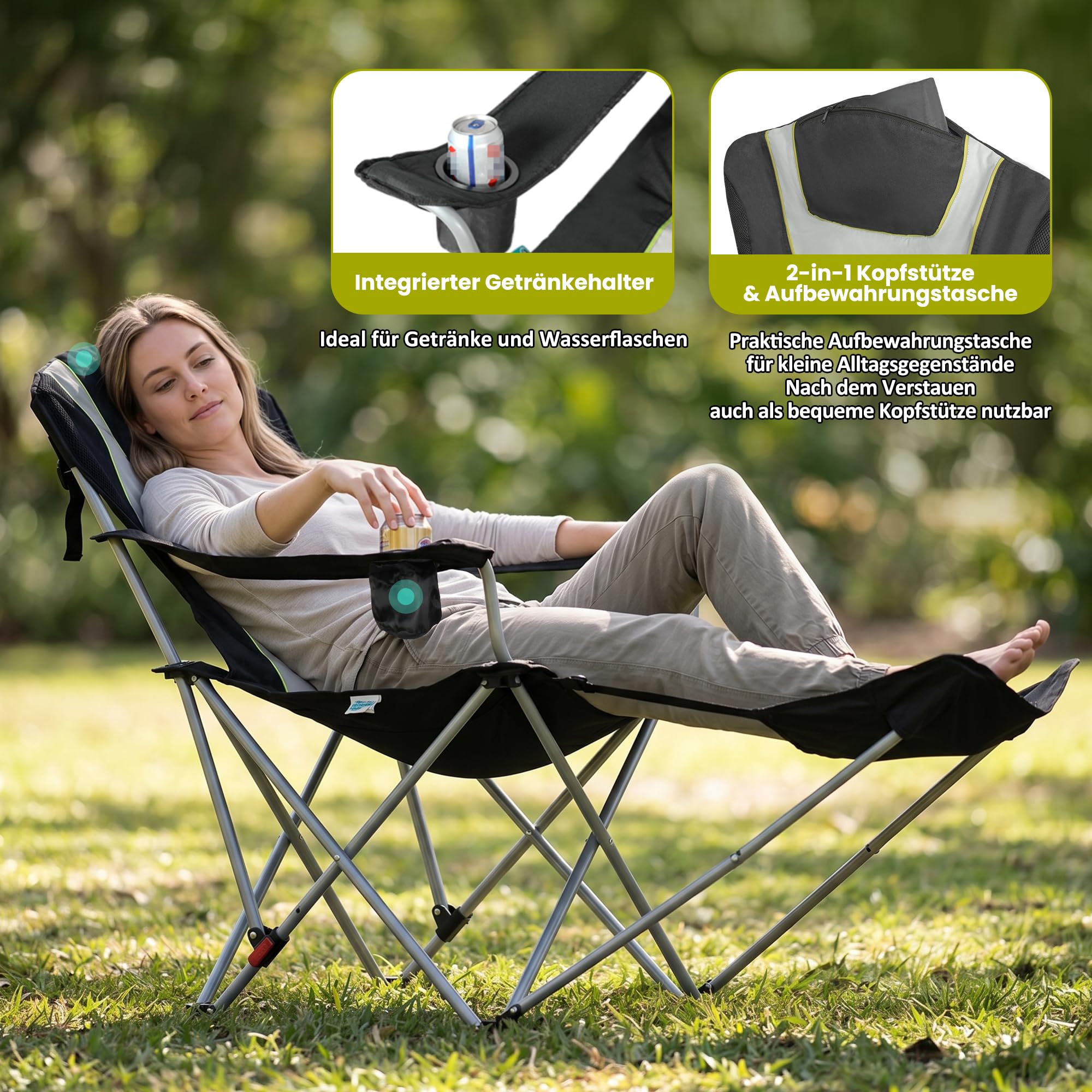 Homecall Sedia da campeggio pieghevole 2 in 1, con poggiapiedi, fino a 150 kg, sedia da pesca, pieghevole, con poggiatesta, portabicchieri e borsa per il trasporto, per campeggio all'aperto (1 pezzo)