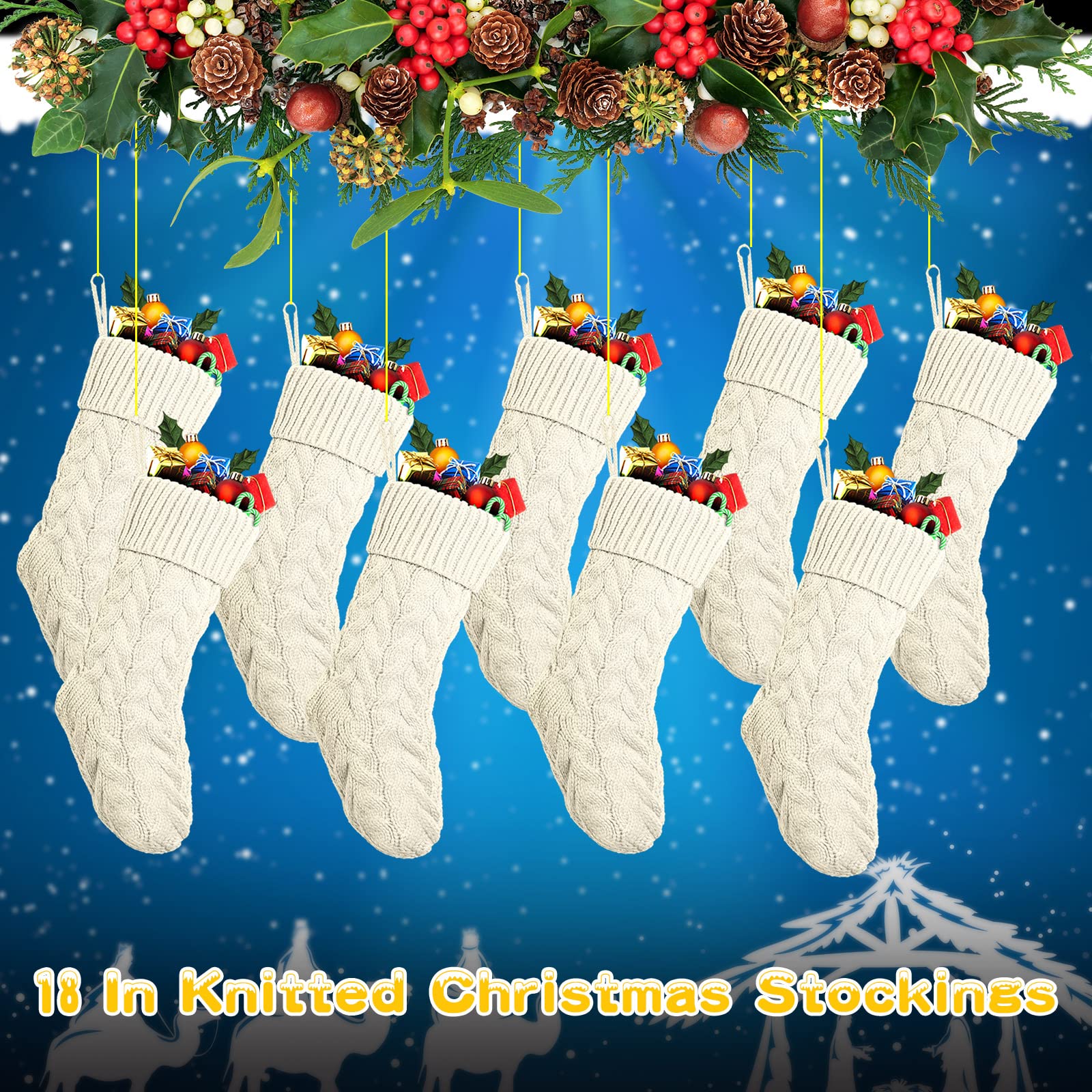 Vinsot 12 Set Christmas Stockings 18 Inches Big Cable Knitted Stockings Xmas Large Size Fireplace Stocking