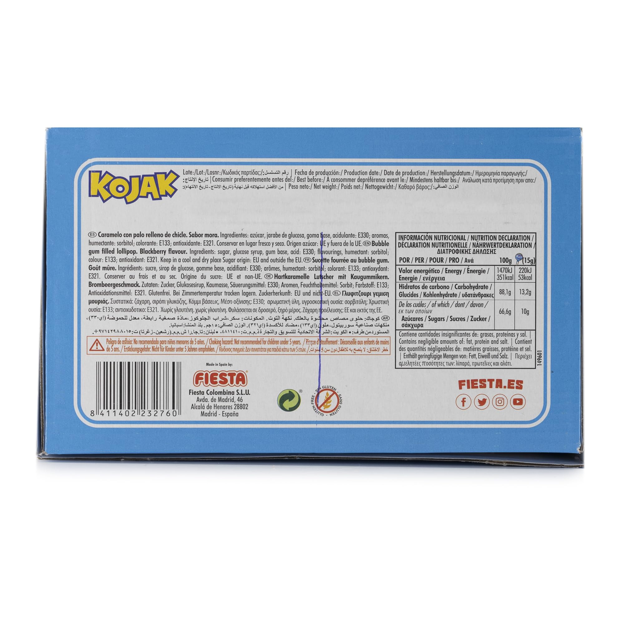 FIESTA Kojak Pintalenguas Caramelo con Palo Sabor Mora Relleno de Chicle - Caja de 100 unidades