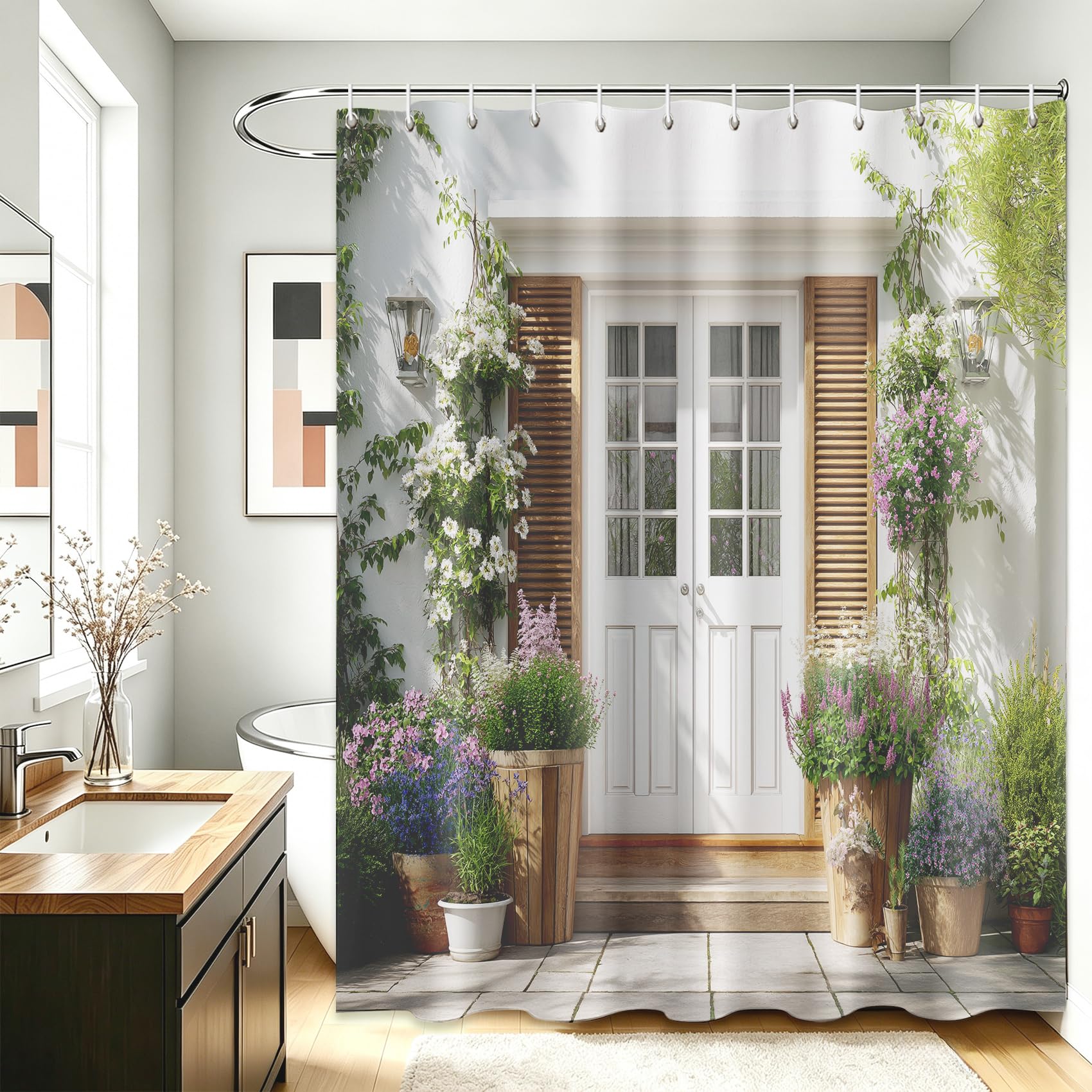 Extra Breit Duschvorhang Blühender Hauseingang 240x200 cm, Waschbar Duschvorhänge Ländliche Gartenszene, Wasserabweisend Polyester Stoff mit Haken, Dekor Badezimmervorhang für Badewanne Dusche 7Pf38