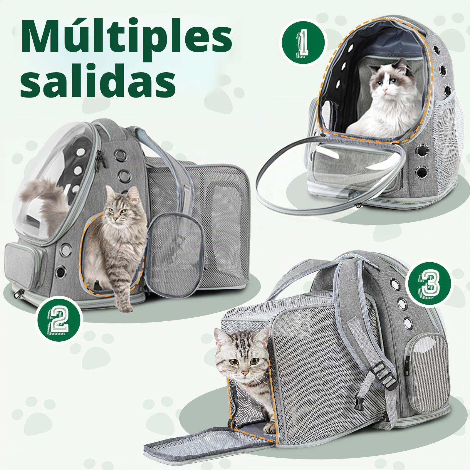 Transportin Mochila Gato Transparente Extensible, Mochila para Gatos Transporte Burbuja, Mochila Mascota Gato y Perros Pequeños Medianos hasta 8kg, Transpirable Plegable para Viajes Coche Gris