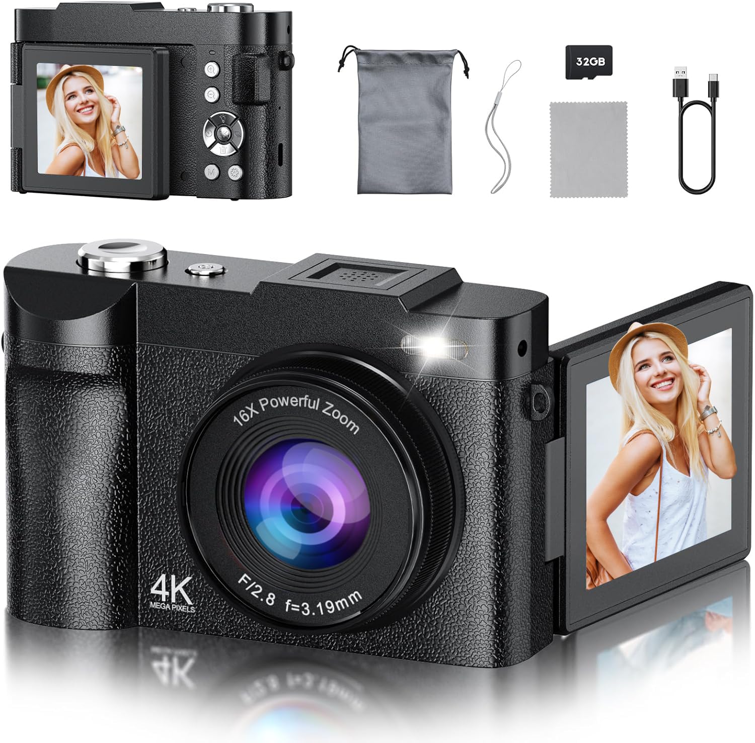 Camara De Fotos 4K: Maxmango 48 MP Cámara Digital Compacta con Pantalla Flip De 180° De 2,8", Autofocus Vlogging con 32GB, 16X Zoom, para Principiantes Niña Niños Chico Adolescentes