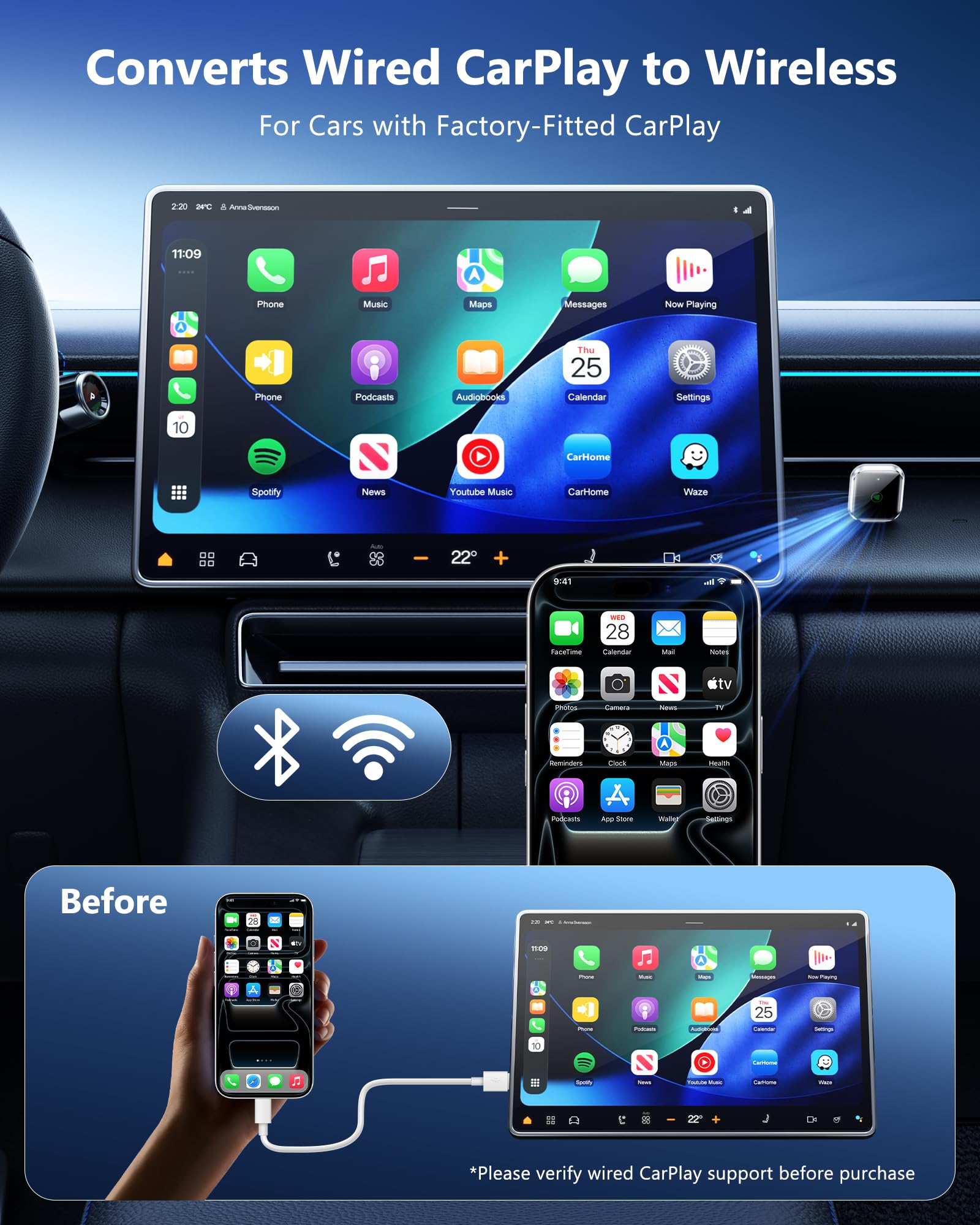 QINOJA CarPlay Wireless for Apple iPhone - Car Stereo Multimedia Dongle For Wired CarPlay, USB-A & USB-C, Auto Connect, Low Latency 5GHz WiFi, OTA Upgrade — view 2