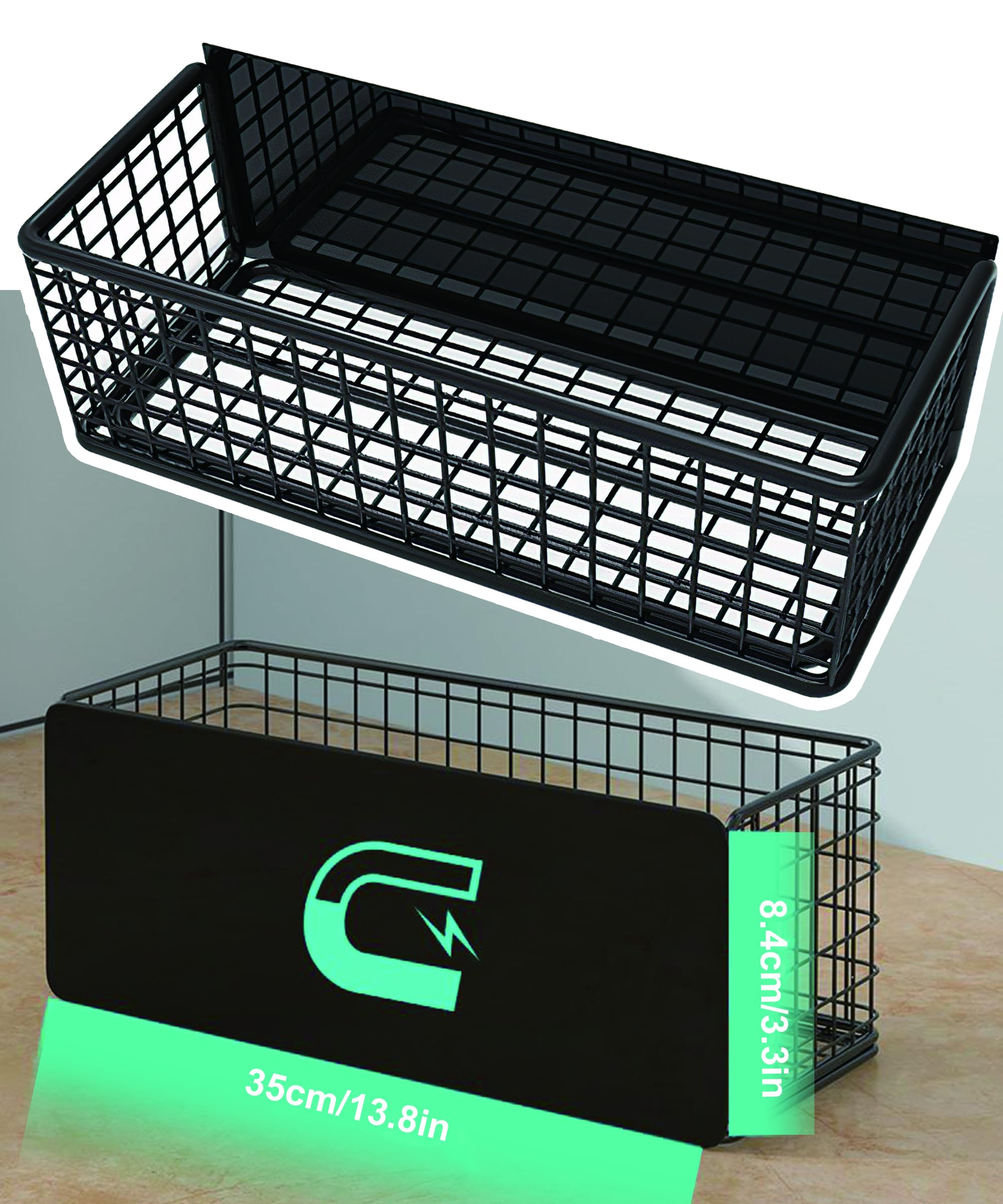 LIFEFAN Magnetic Basket Fridge Large Magnetic Pen Holder Whiteboard Metal Wire Basket Storage Item Organizer (Extra Large, Black)