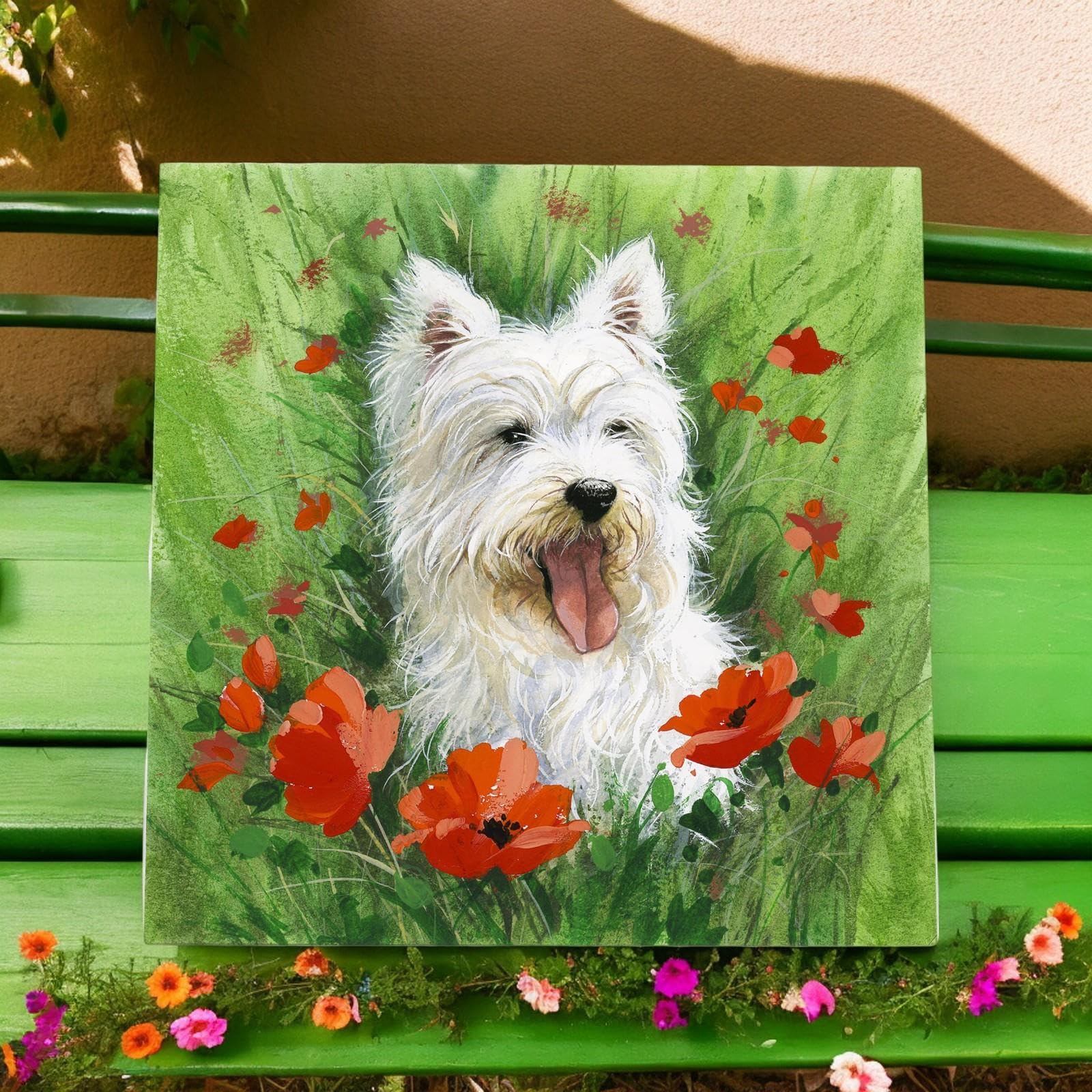 Piastrella in ceramica con immagine di Westie in papaveri | R. Fathers Art | Decorazione da parete 20 x 20 cm | Regalo West Highland White Terrier | Decorazione per la casa degli