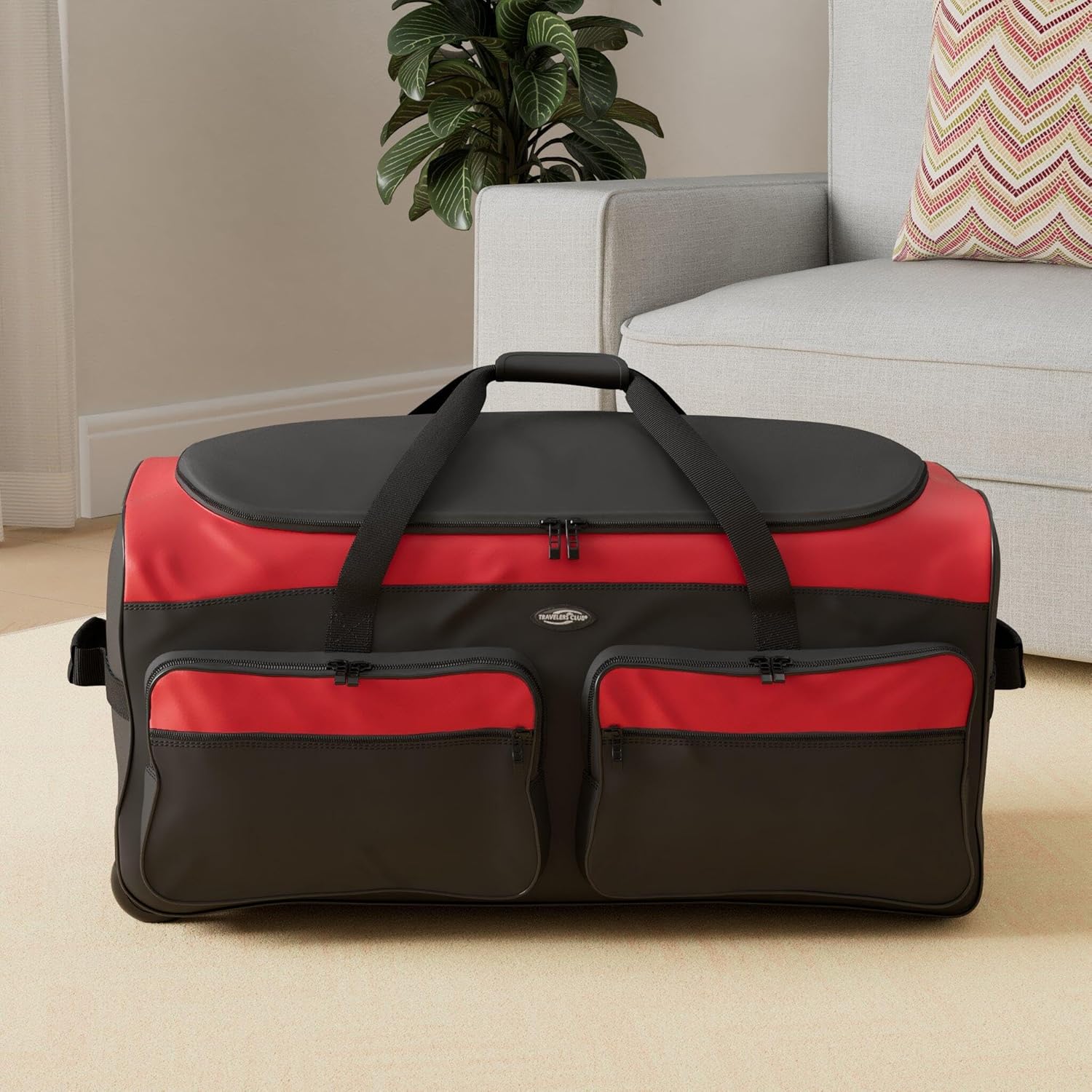 travelers club 36" asgard 3-wheel rolling duffel bag red