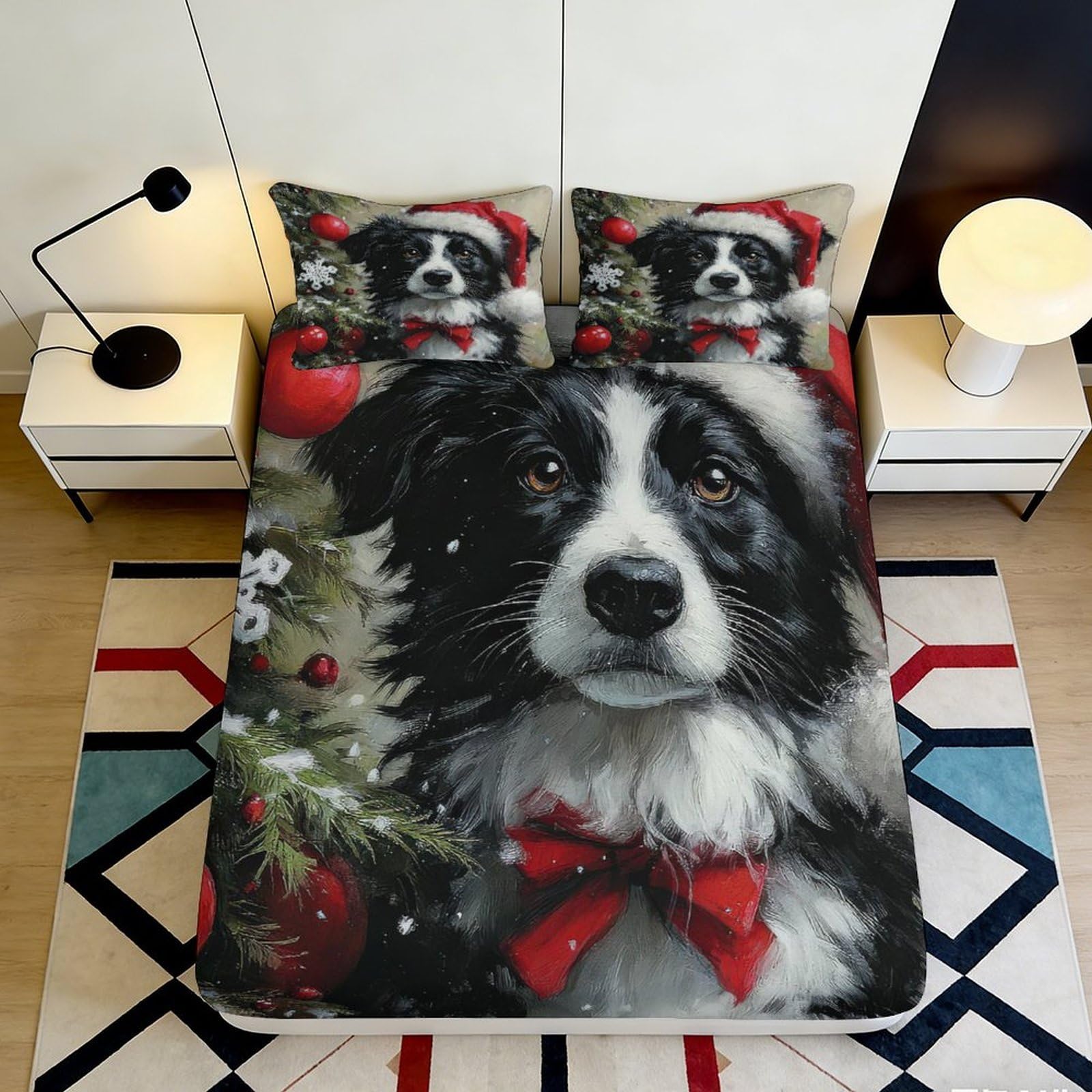 3D Printed Border Collie Design Fitted Sheet Microfiber Non-Slip Deep Pocket Dog Mattress Fitted Cover Washable Bedroom Bedding for Home Use 140x200x25cm