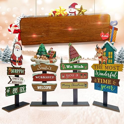 Miniatura 6 de 4 centros de mesa de Navidad para mesas, decoraciones de mesa de Navidad, decoraciones de Navidad para interiores, letreros rústicos de madera de