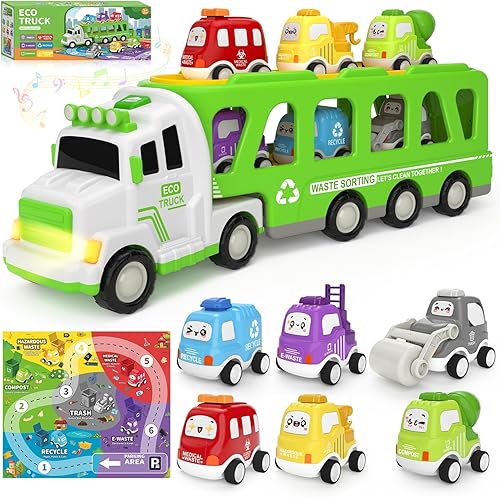 Camión de juguete 7 en 1 para niños de 2, 3, 4, 5 años, camión ecológico de transporte más largo con 6 bonitos autos y tapete de juego, camión