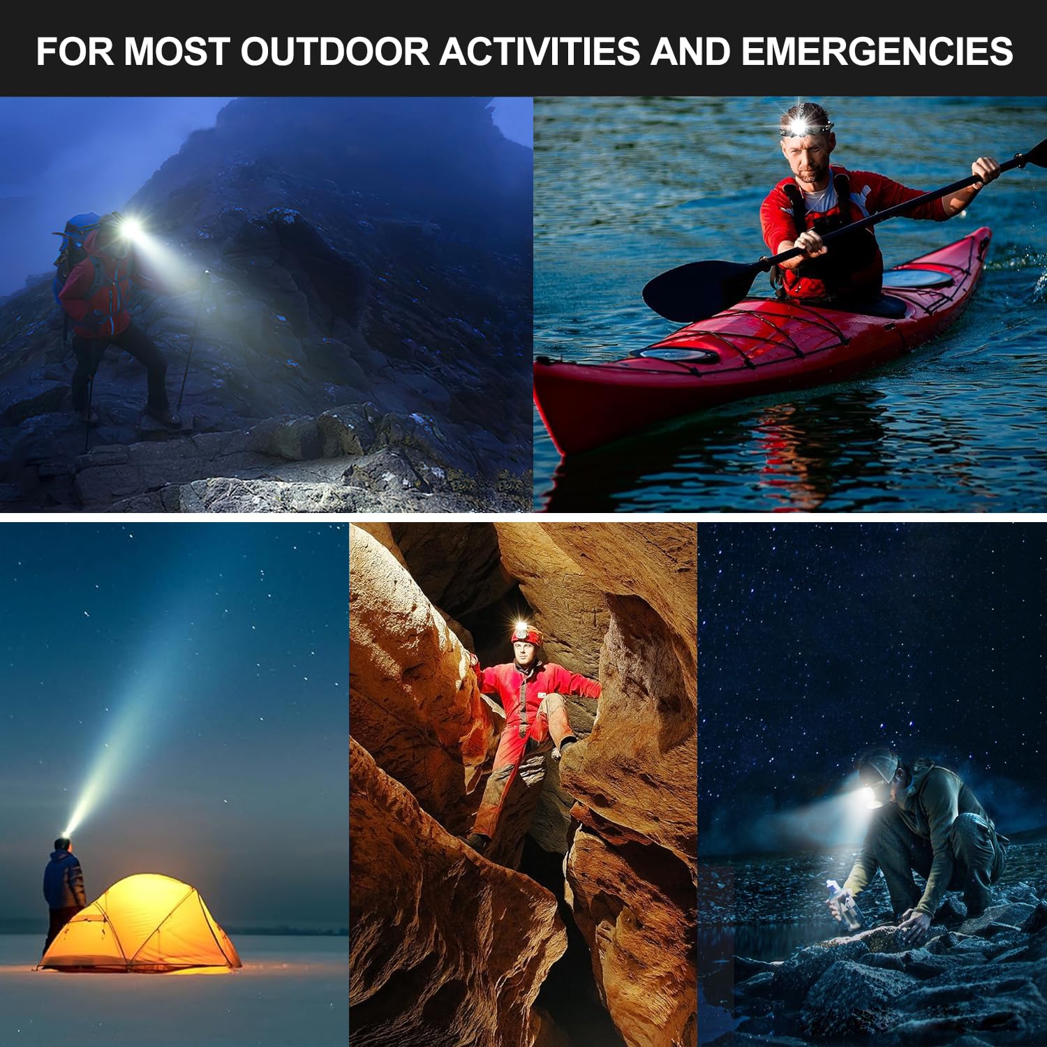 Linterna Frontal LED Recargable, Alta Potencia 90000 lúmenes 5 Modos, 9000mAh Frontal LED Recargable con Luz de Aviso, Linterna de Cabeza 90° Ajustable para Camping y Pesca