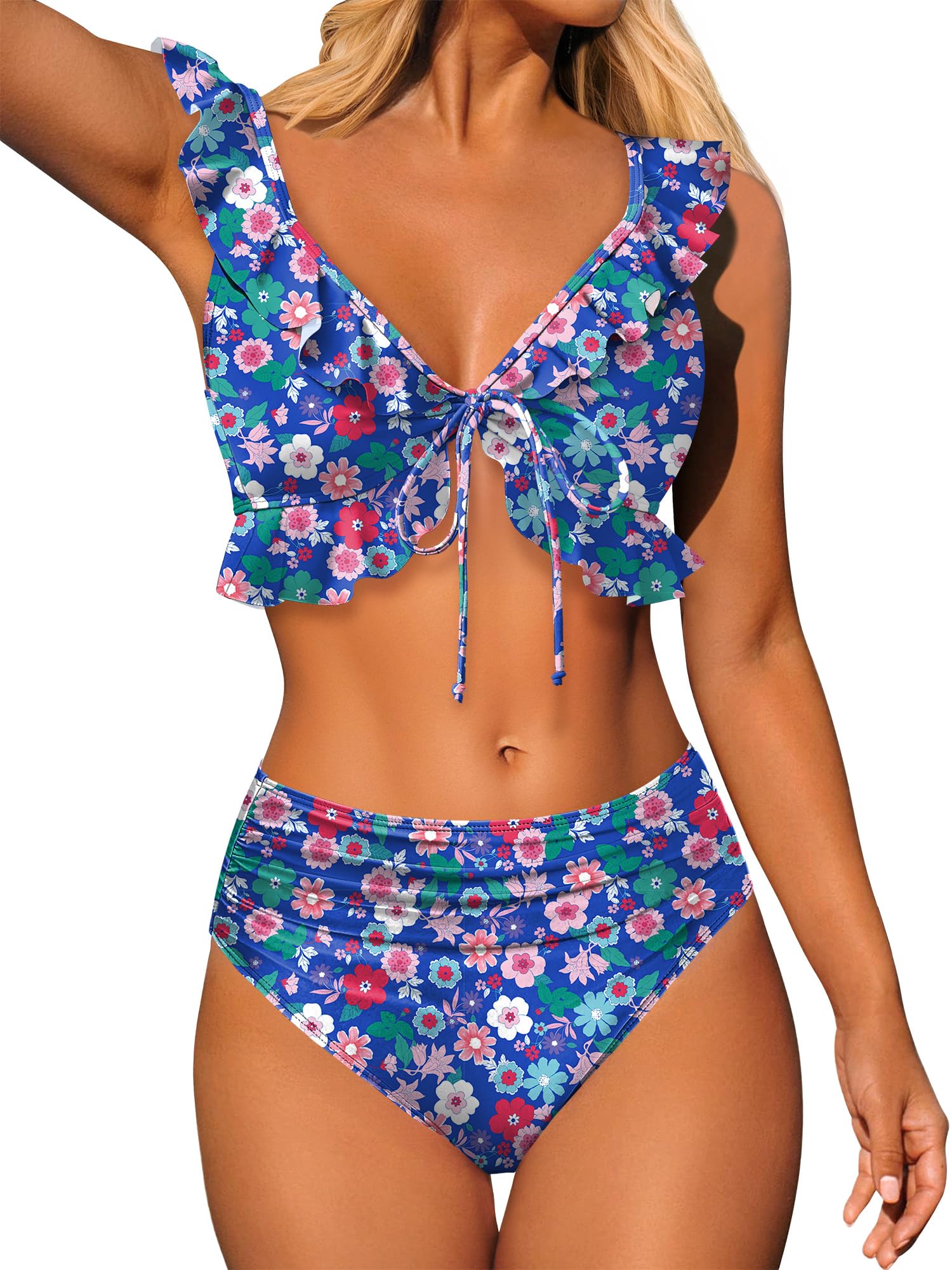 ANRABESS Women High Waisted Bikini Sets Two Piece Ruffled Self Tie Swimsuit Ruched Bathing Suit 2026 Summer Beach