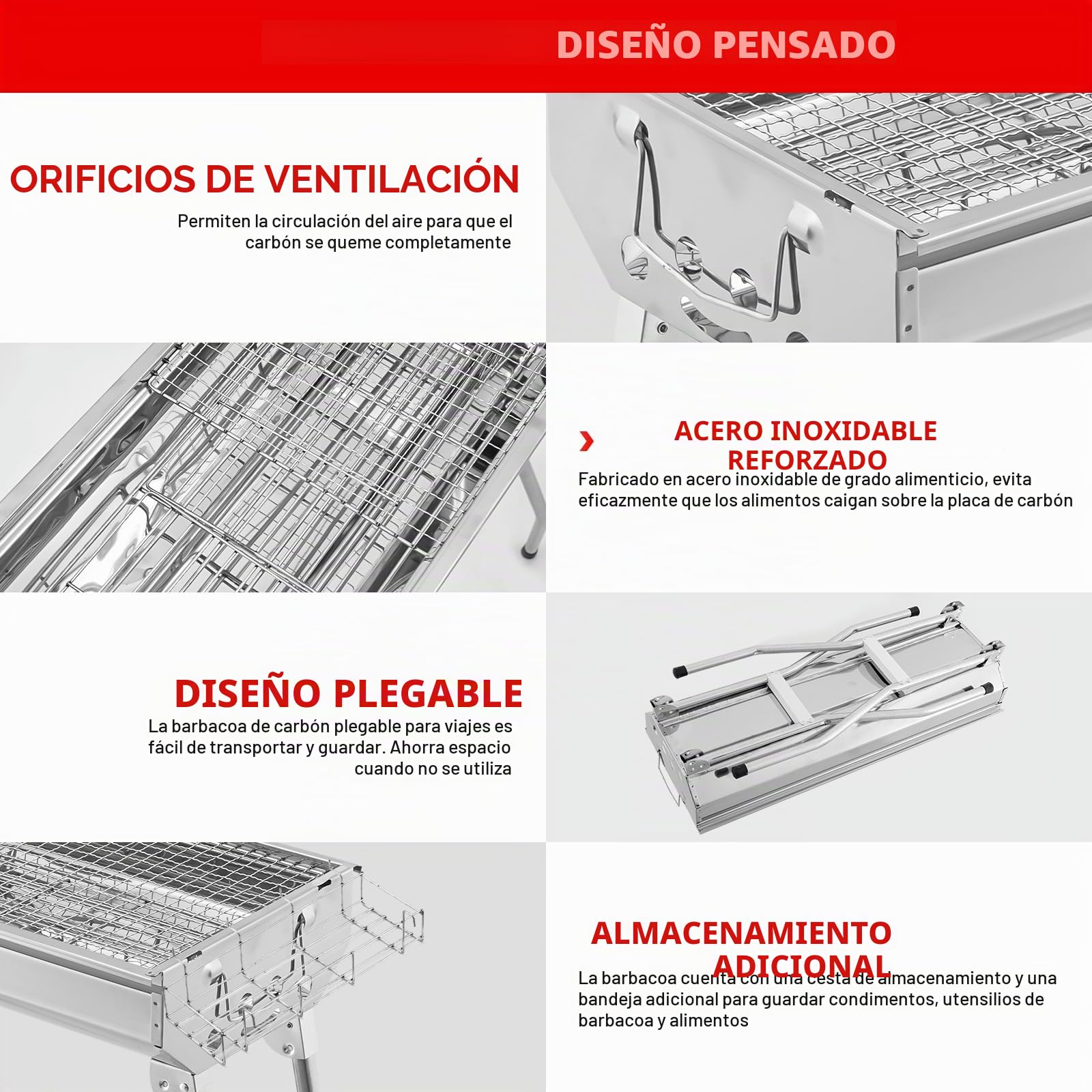 Barbacoa de carbón vegetal, XXL, parrilla de carbón portátil, parrilla plegable de acero inoxidable, barbacoa al aire libre con tabla de especias, cesta de almacenamiento, parrilla de carbón plegable