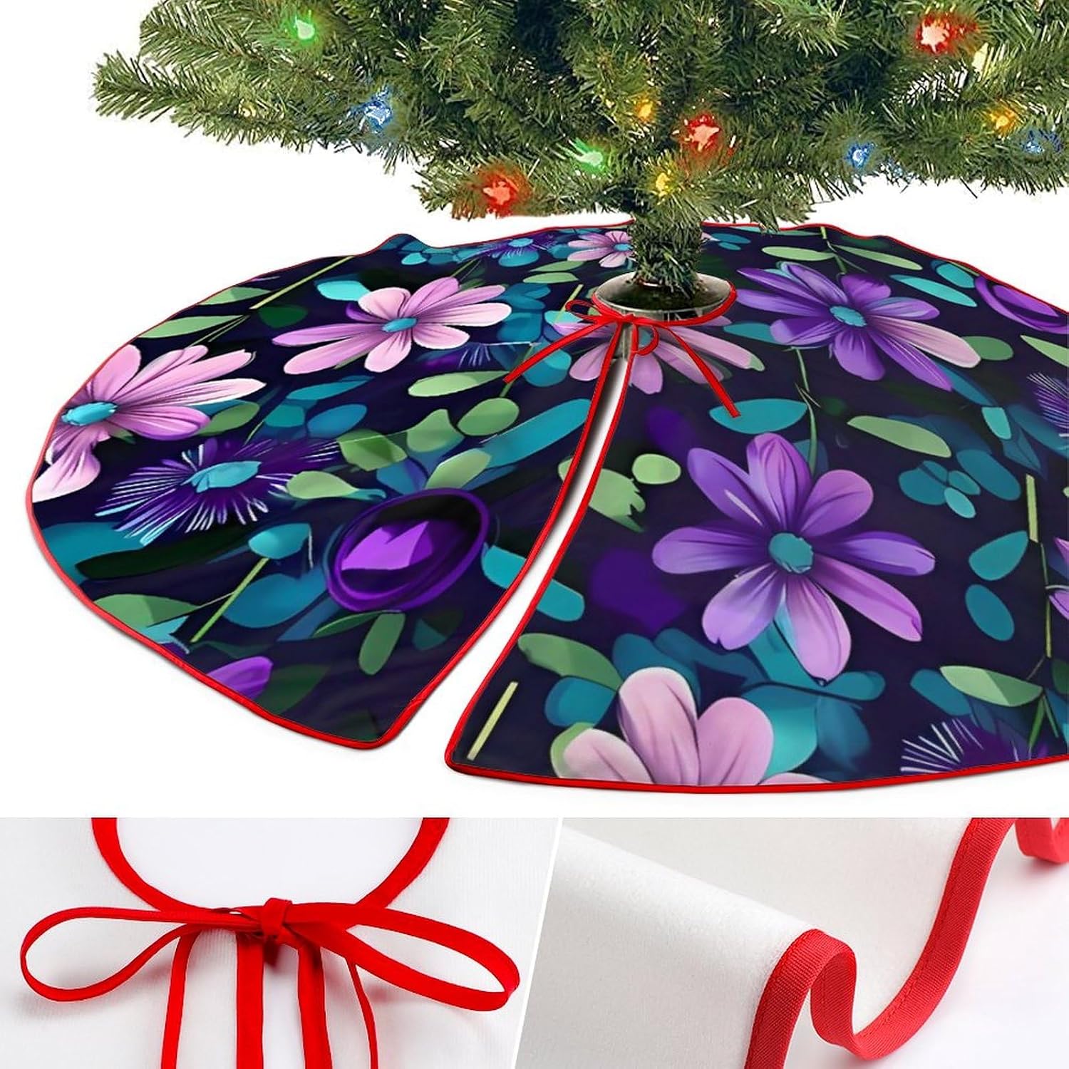 Christmas Tree Skirt Large Tree Skirts Purple Camellia Xmas Tree Skirt Christmas Decoration Christmas Tree Mat for Indoor Outdoor Holiday Party Xmas Tree Decor