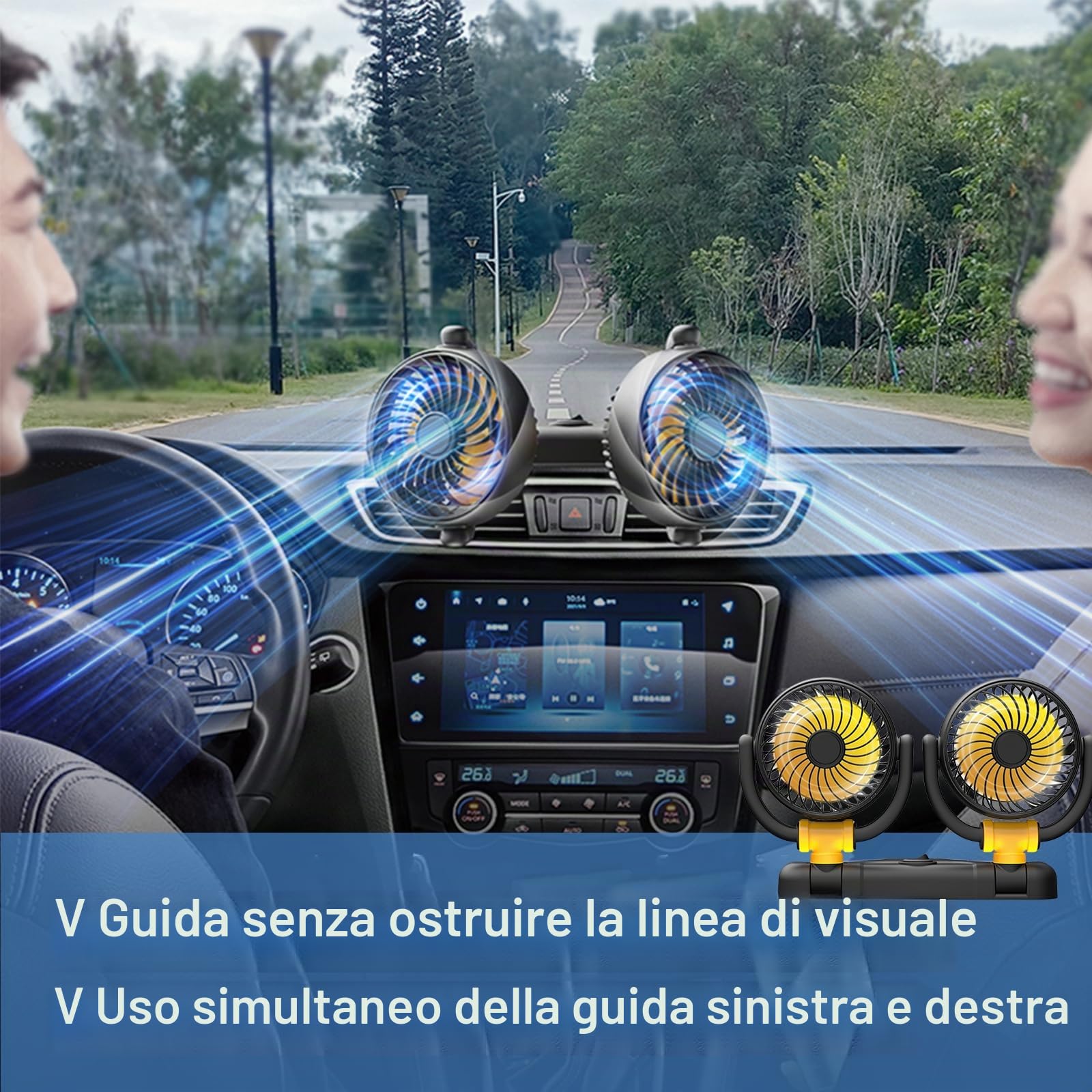 Ventilatore per auto, 12 V, doppia testa, per auto, girevole a 360 gradi, con presa accendisigari, potente e silenzioso, per auto, furgone, camper, barca