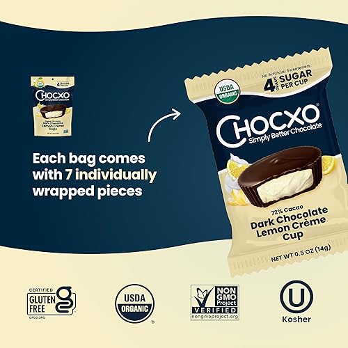 Miniatura 4 de Chocxo Tazas de Crema de Limón y Chocolate Oscuro  Menos Azúcar, Cacao Orgánico 72%, Sin OGM, Keto, Sin Gluten, Kosher, Sin Edulcorantes