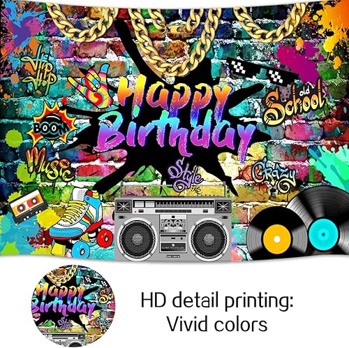 Miniatura 5 de Telón de fondo de cumpleaños de Hip Hop de 5 x 3 pies, tema de los años 80 y 90, graffiti de ladrillo de roca, fondo de fotos retro para fiesta de