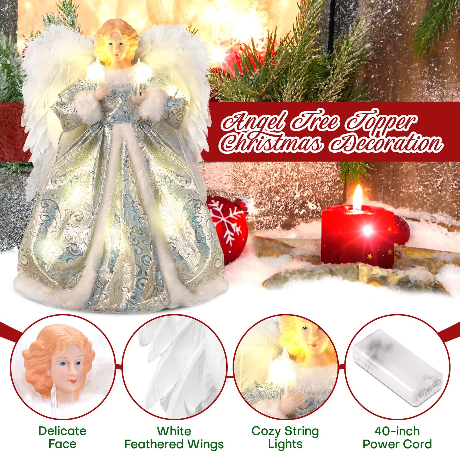 Decoración de ángel para árbol de Navidad, adorable decoración de árboles de Navidad con luz LED con alas, decoraciones navideñas, invierno