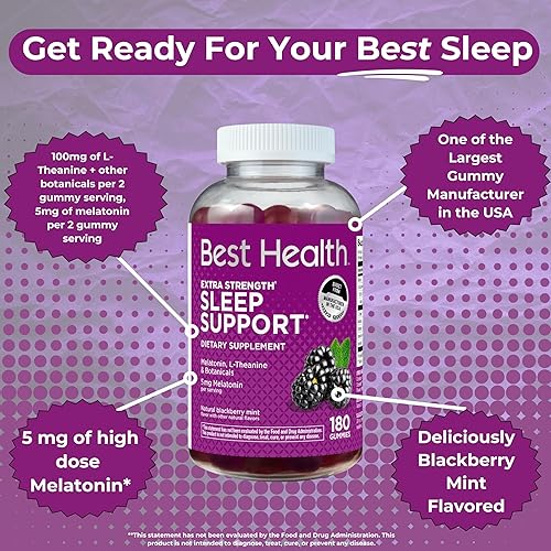 Miniatura 3 de Best Health Gomitas de melatonina, melatonina por porción para apoyar el sueño*, con L-teanina y botánicos, sabor natural a menta y mora (180