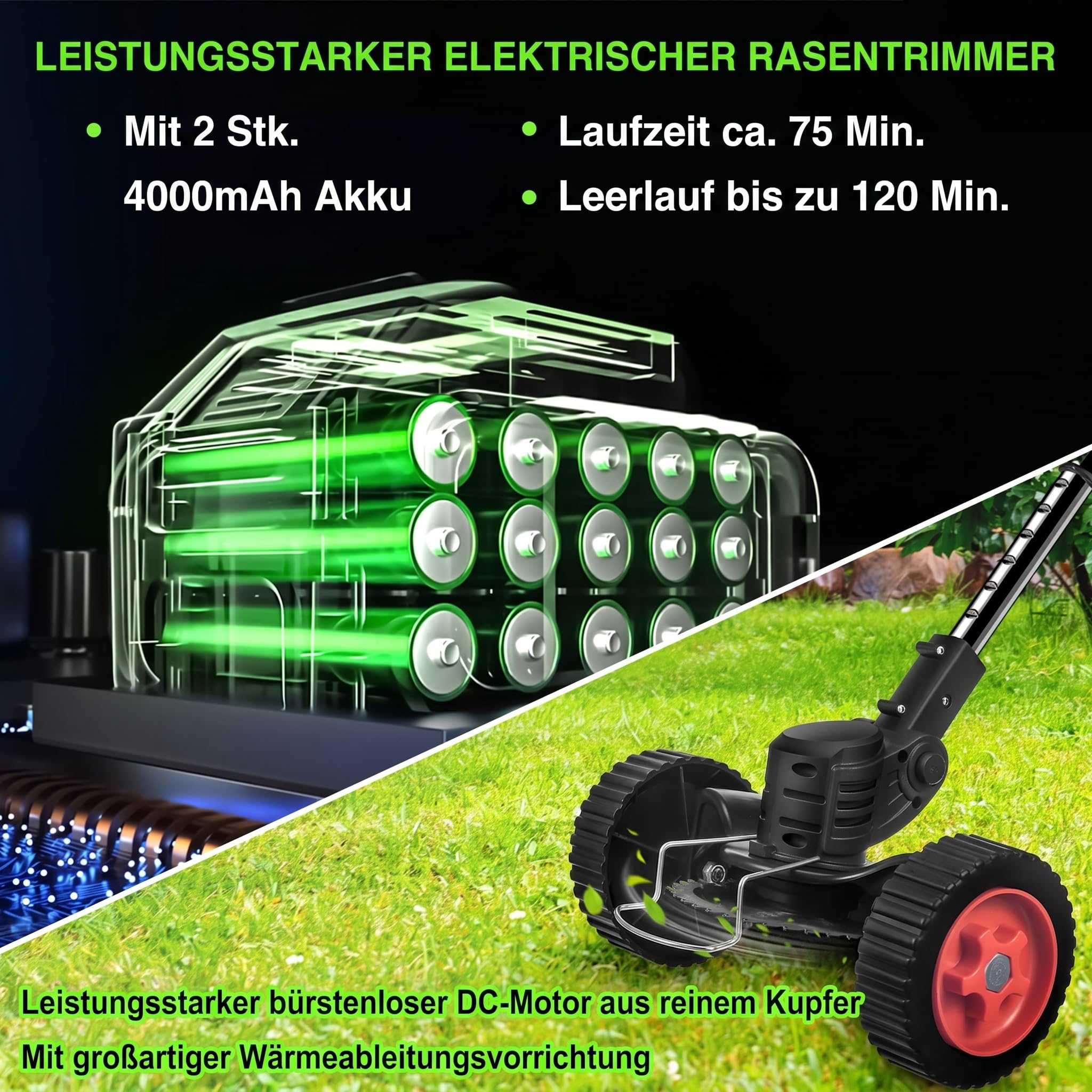 Akku Rasentrimmer mit Rädern, 3-in-1 Freischneider & Rasenkantenschneider | 24 V Akku-Rasenmäher , 2 Akkus und Ladegerät, 2x 2,0 Ah Akkus, klappbarer Führungsholm
