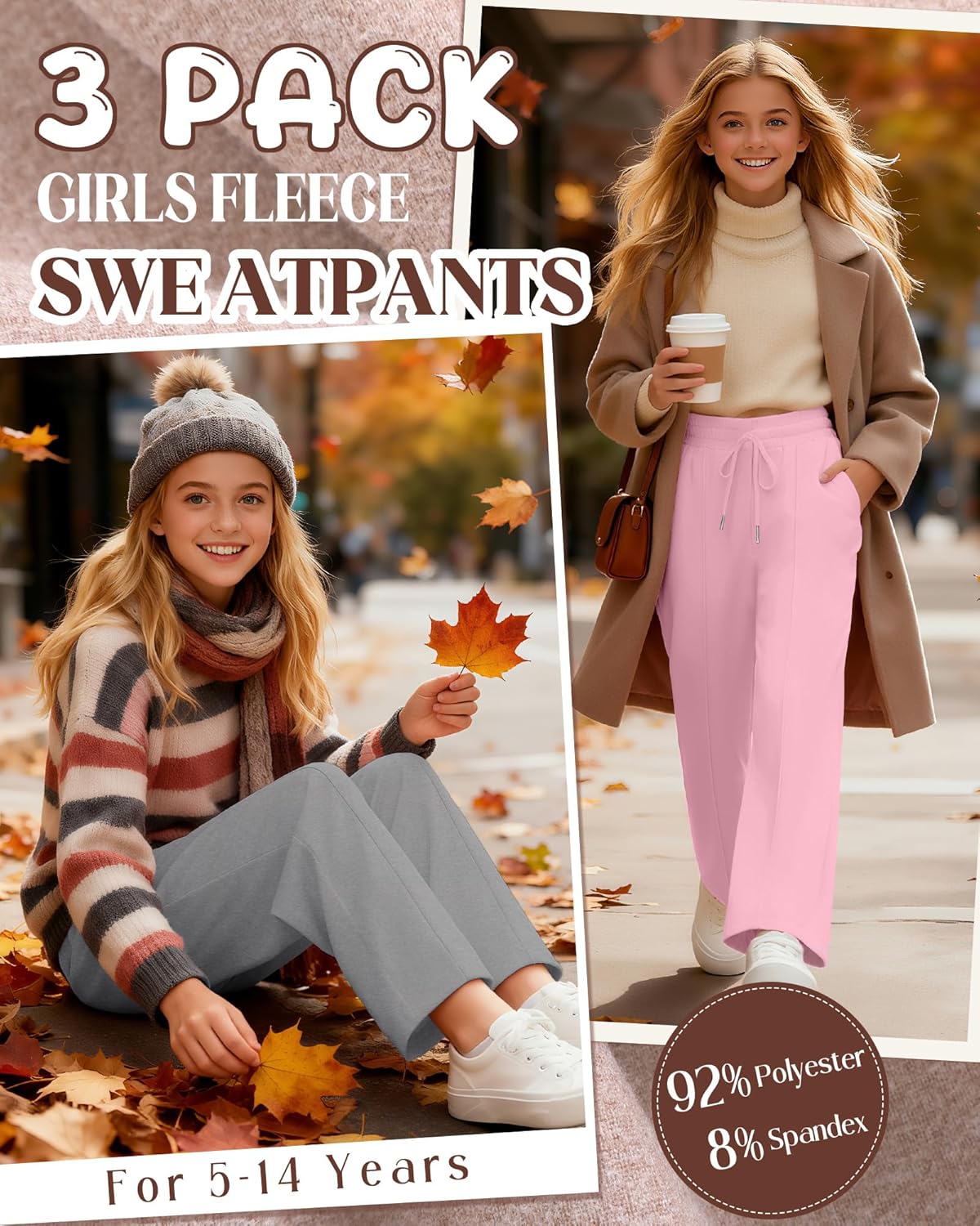 Girl's Fleece Lined Sweatpants, Wide Leg High Elastic Waist Jogger Straight Leg Baggy Drawstring Pants with Pockets - Image 6