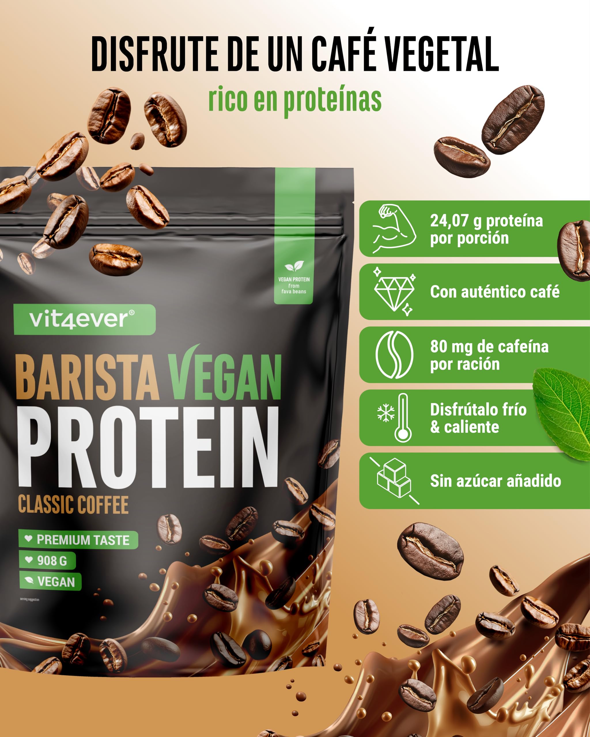 Barista Protein Coffee: café cremoso con proteínas vegetales, café auténtico y cafeína, bajo en azúcar y grasas, sin soja, 908 g, Classic Vegan.