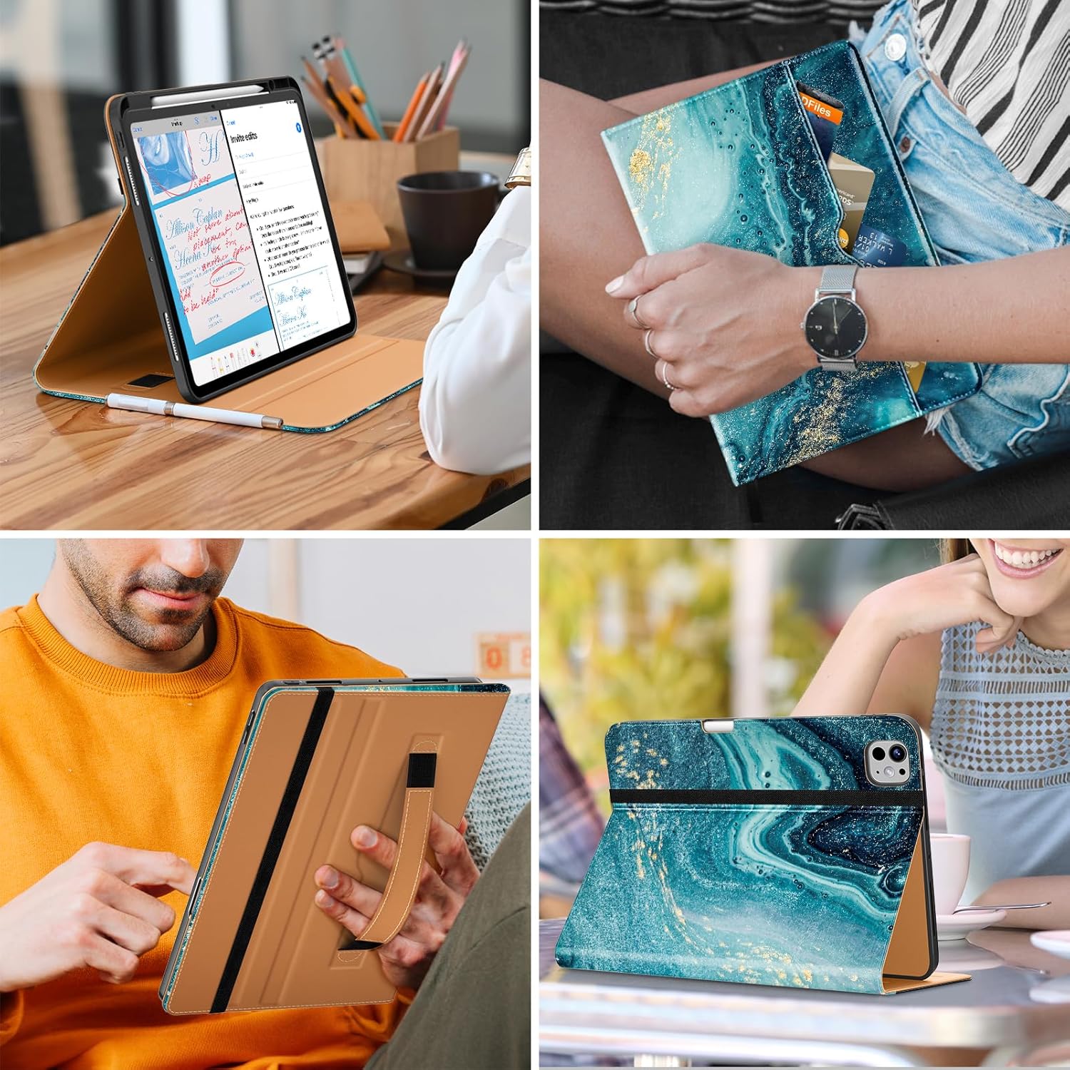DTTO for iPad Pro 13 inch Case (M5/M4) 2025/2024, Premium Leather Business Folio Stand Cover with Pencil Holder - Auto Wake/Sleep & Multiple Viewing Angles, Built in Hand Strap & Pocket, Sandy Wave